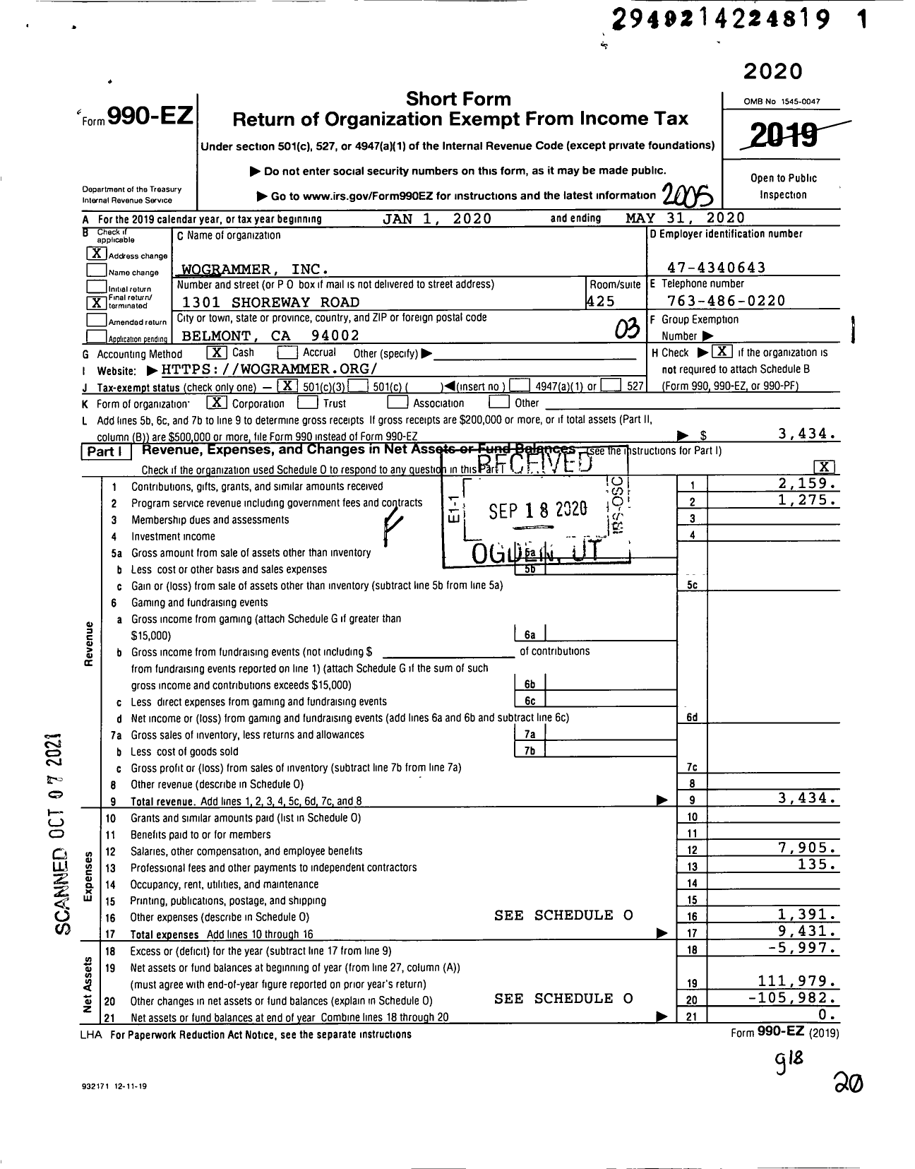 Image of first page of 2019 Form 990EZ for Wogrammer