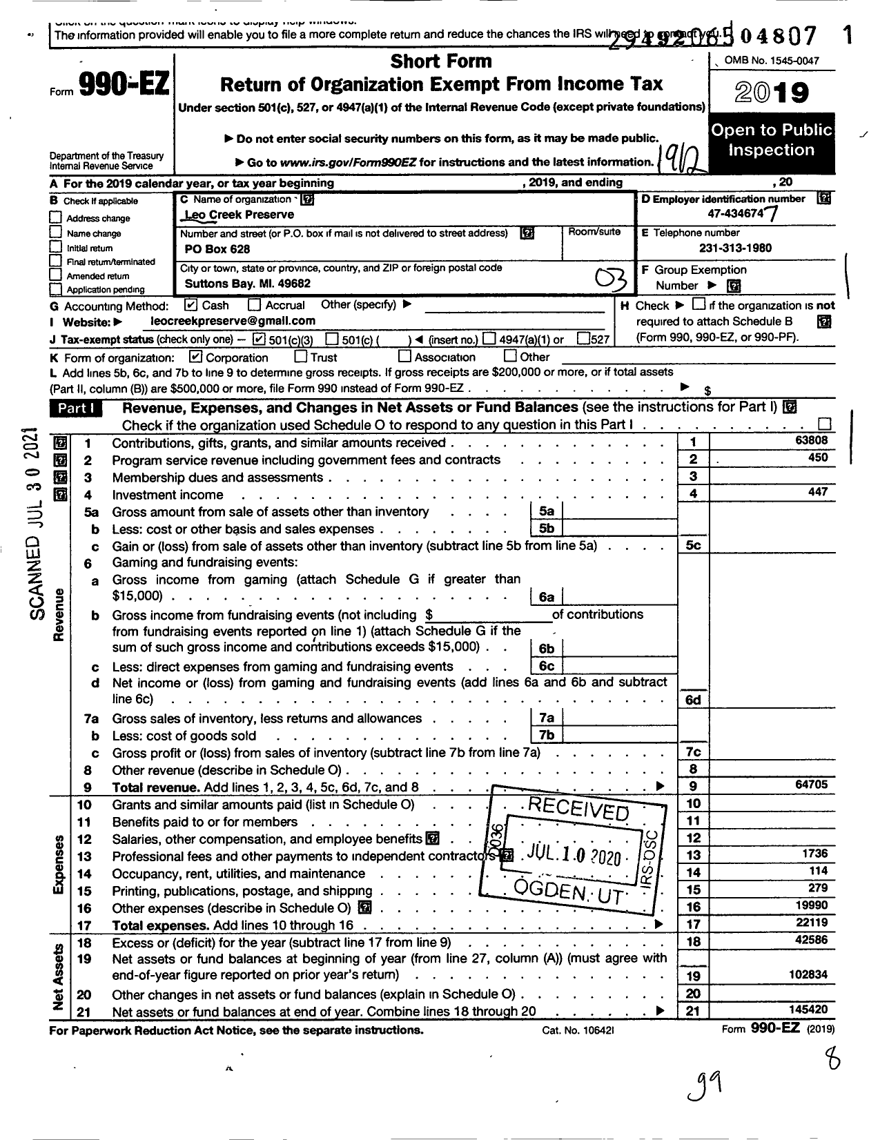 Image of first page of 2019 Form 990EZ for Leo Creek Preserve Organization