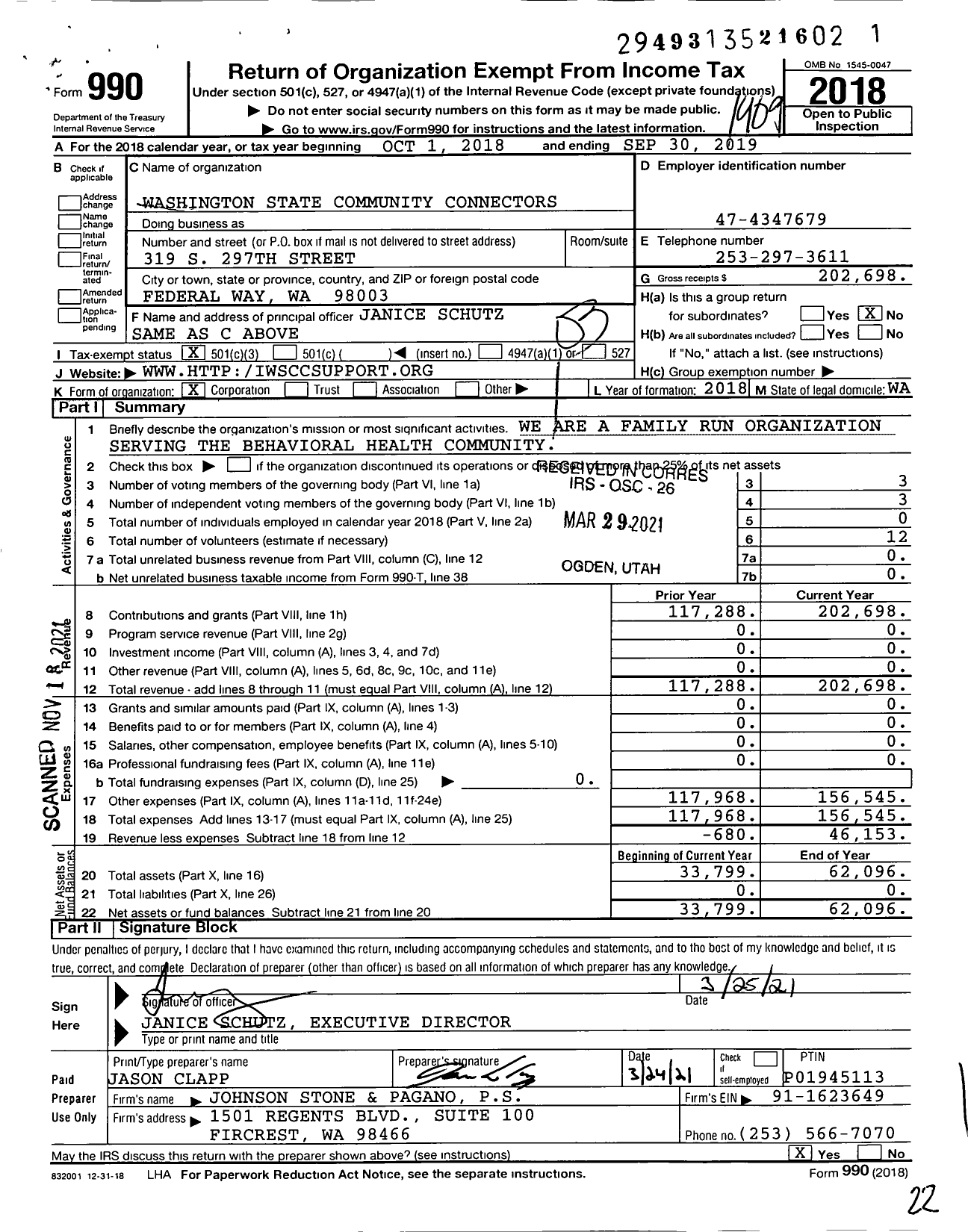 Image of first page of 2018 Form 990 for Washington State Community Connectors (WSCC)