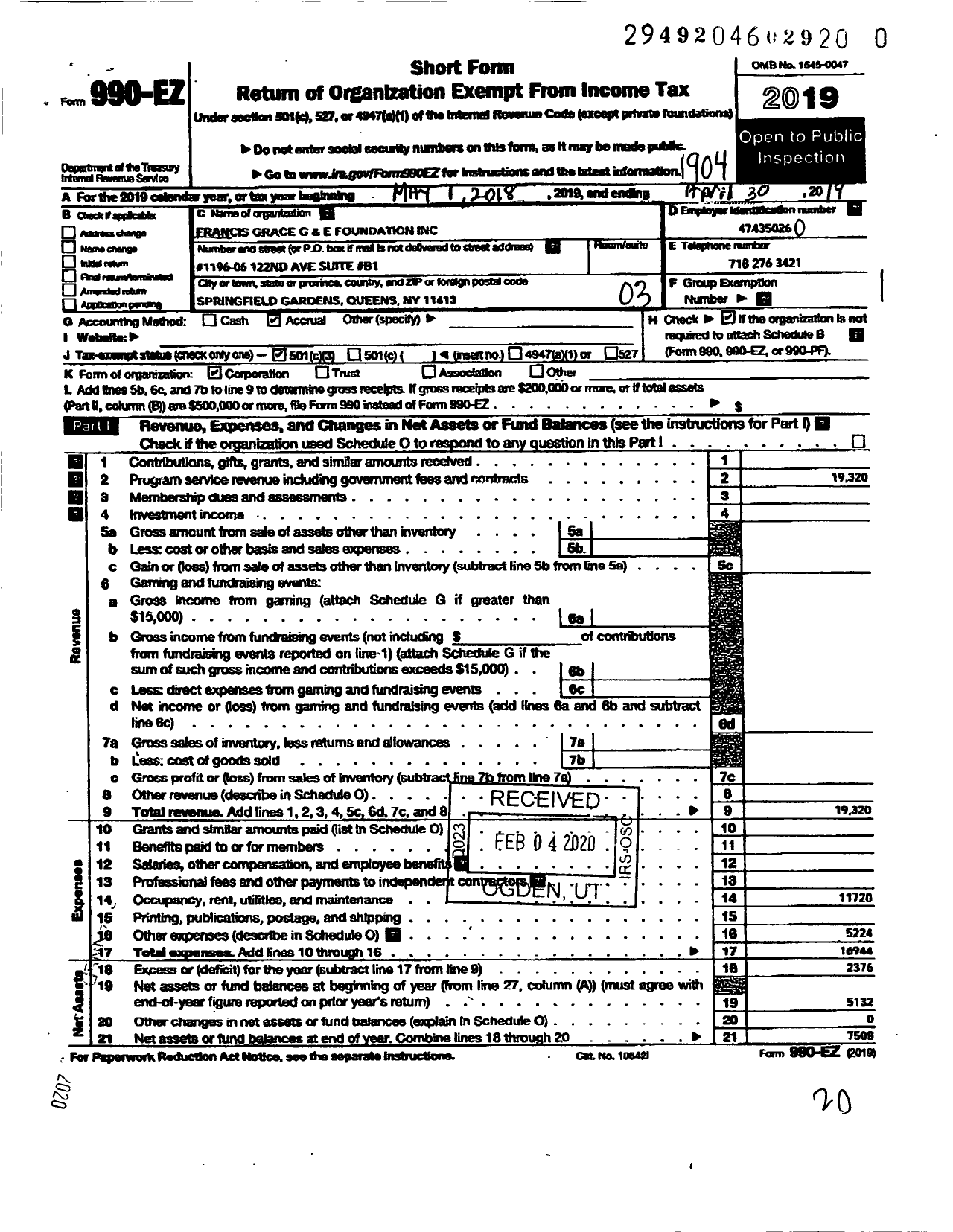 Image of first page of 2018 Form 990EZ for Francis Grace G and E Foundation