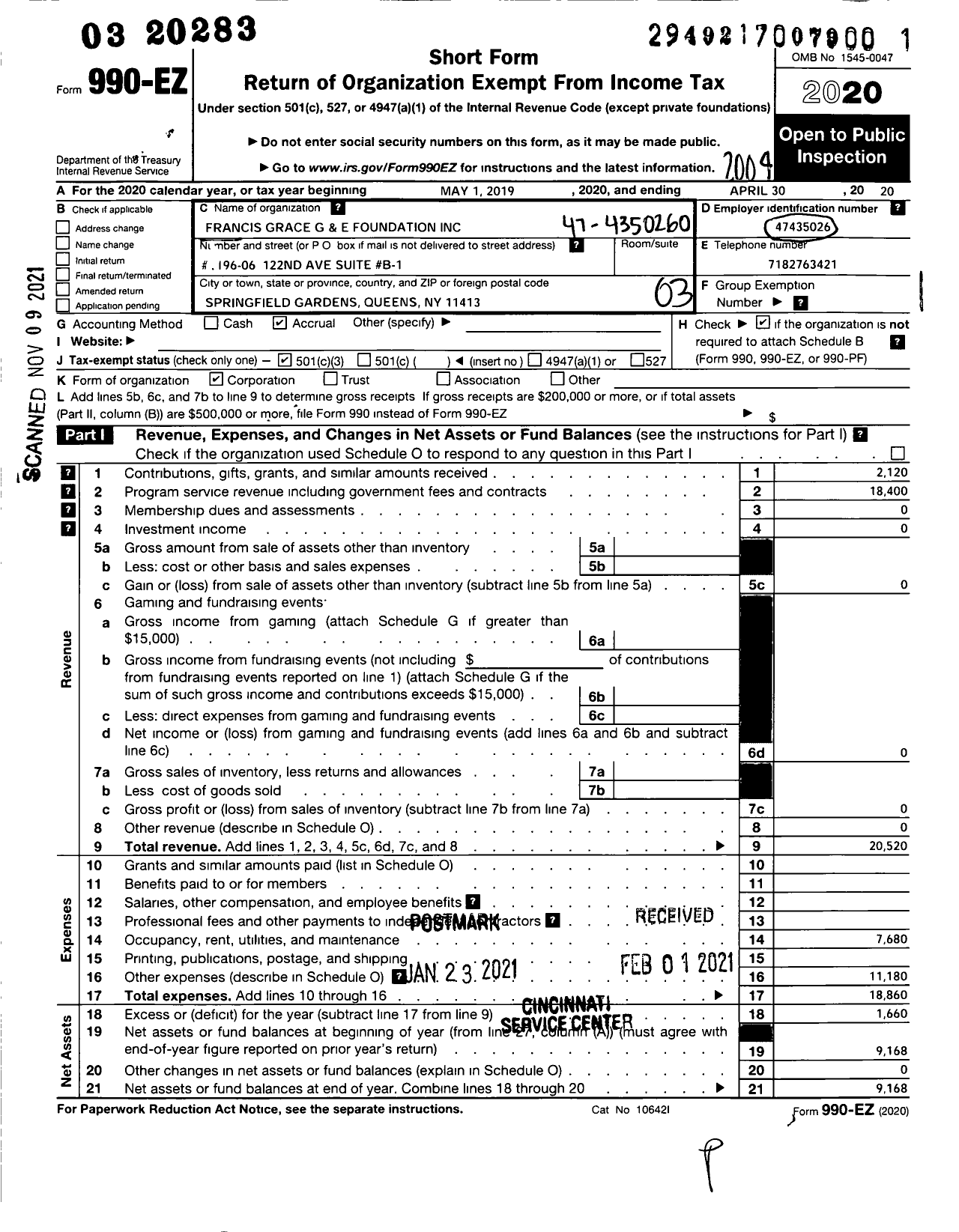 Image of first page of 2019 Form 990EZ for Francis Grace G and E Foundation