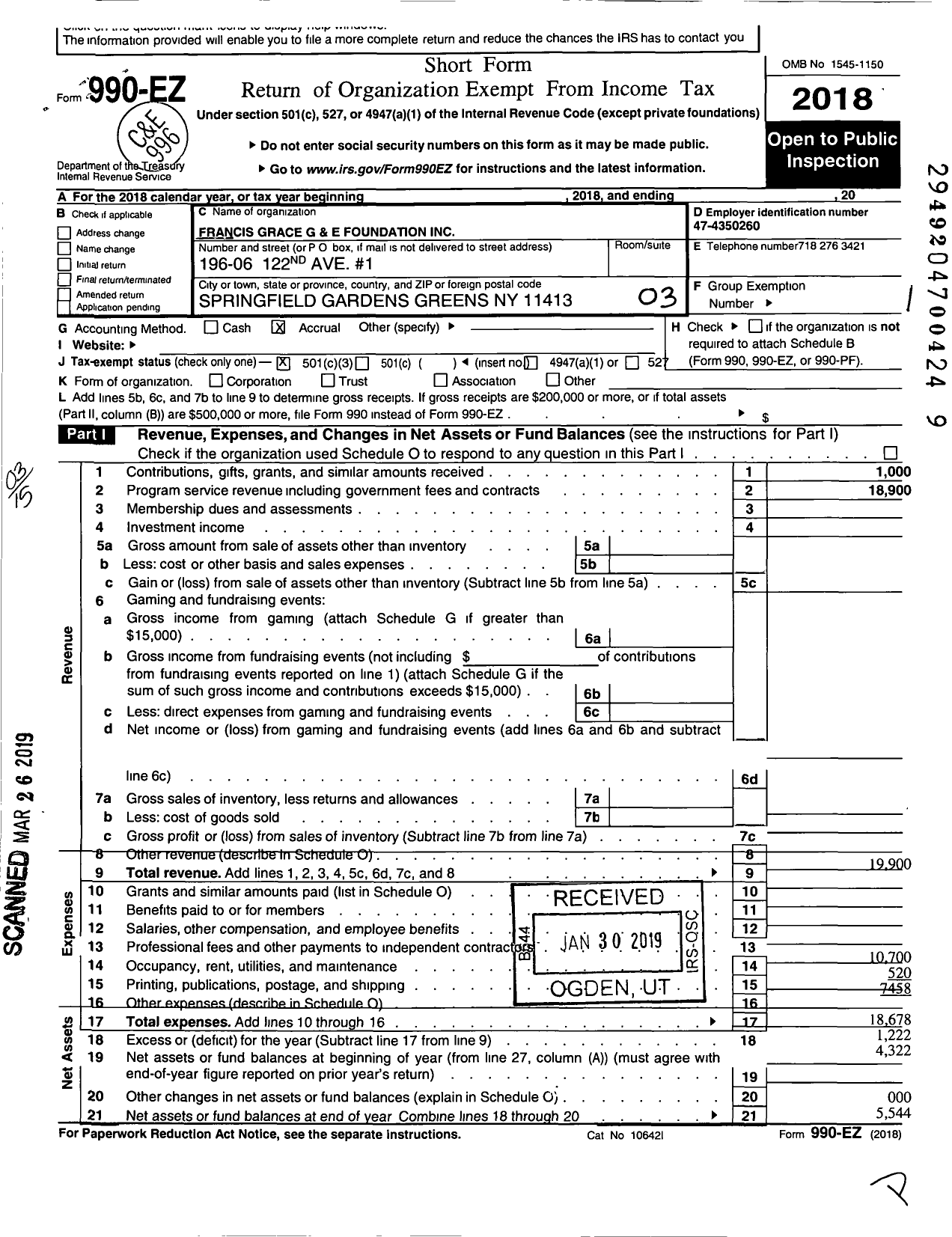 Image of first page of 2018 Form 990EZ for Francis Grace G and E Foundation