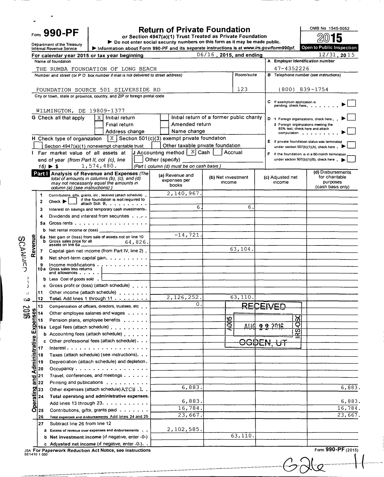Image of first page of 2015 Form 990PF for The RuMBa Foundation of Long Beach