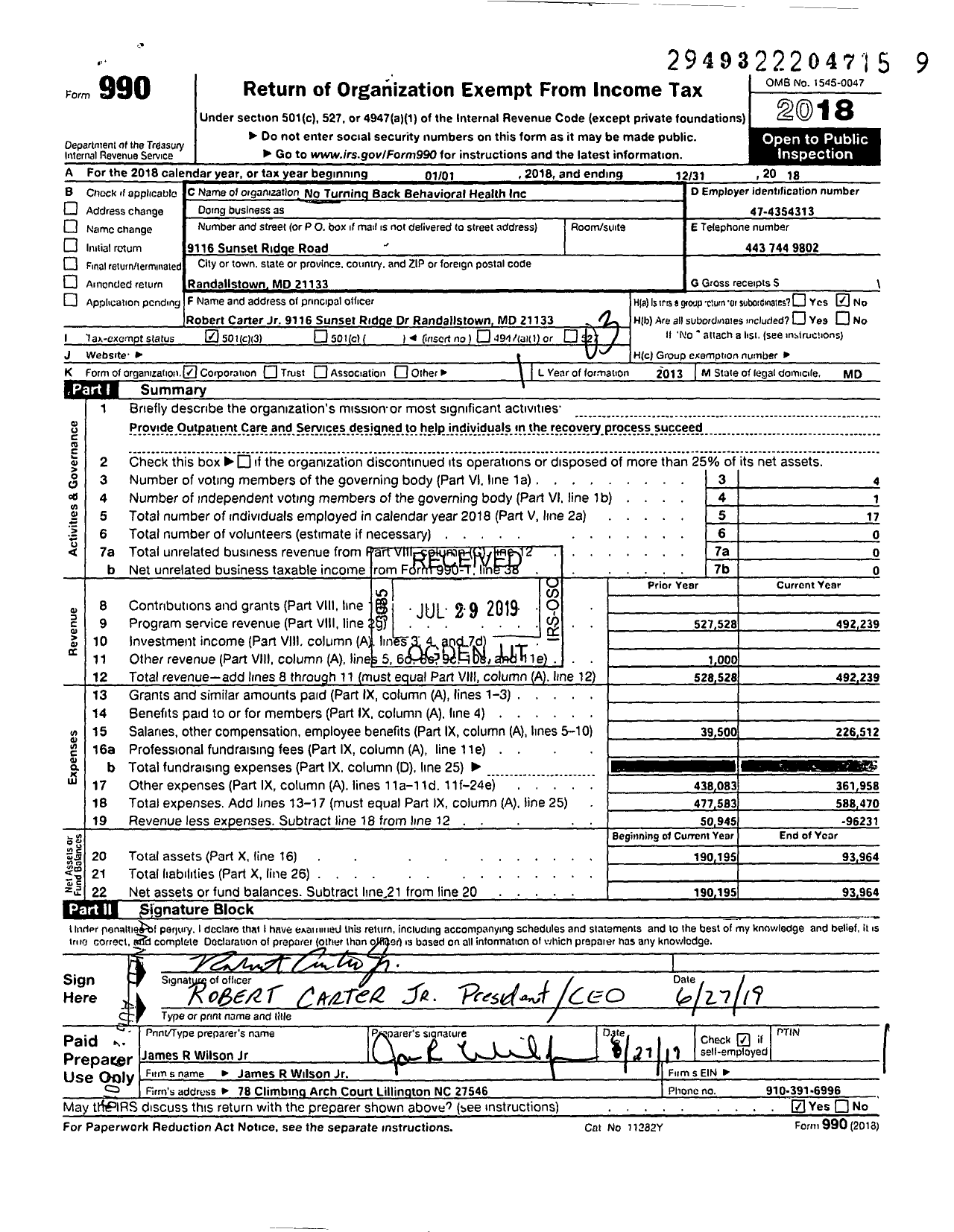 Image of first page of 2018 Form 990 for No Turning Back Behavioral Health