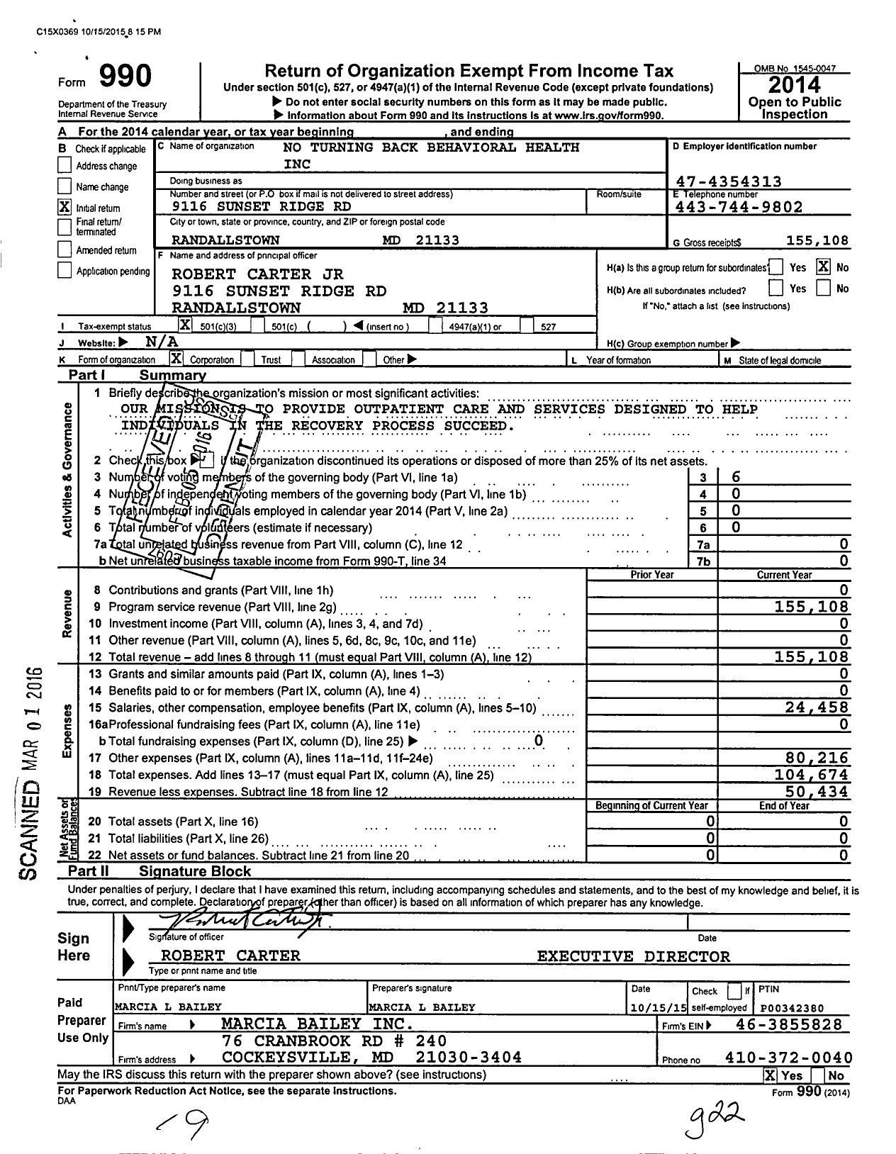 Image of first page of 2014 Form 990 for No Turning Back Behavioral Health