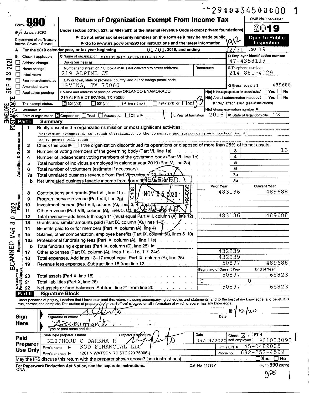 Image of first page of 2019 Form 990 for Ministerio Advenimiento TV