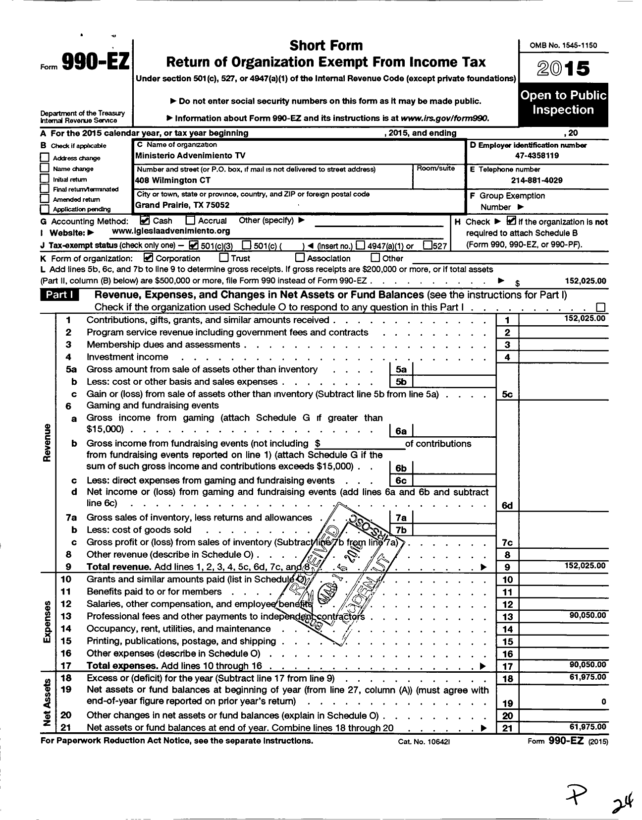 Image of first page of 2015 Form 990EZ for Ministerio Advenimiento TV