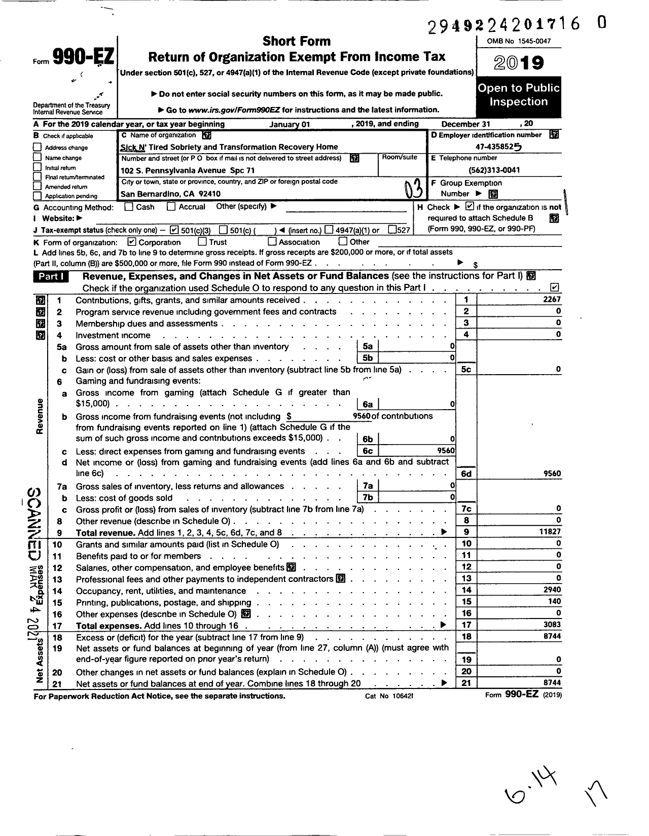 Image of first page of 2019 Form 990EZ for Sick N Tired Recovery Home