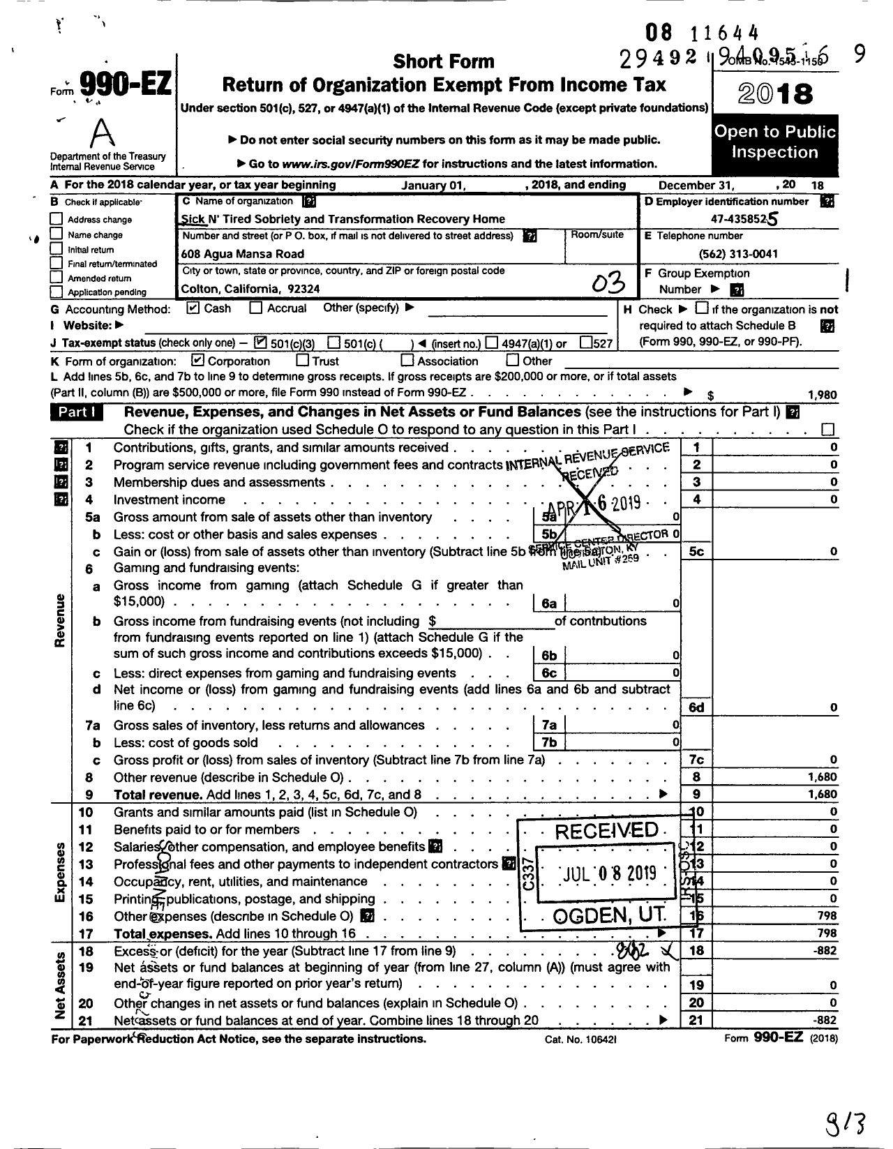 Image of first page of 2018 Form 990EZ for Sick N Tired Recovery Home