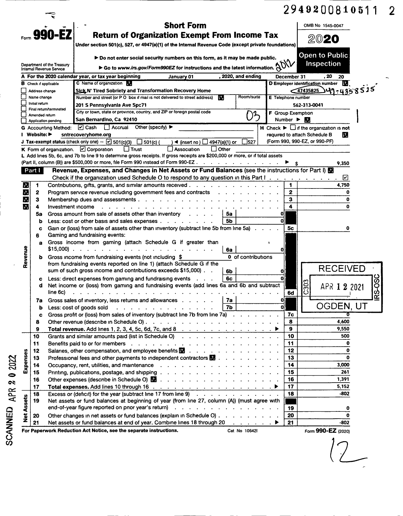 Image of first page of 2020 Form 990EZ for Sick N Tired Recovery Home