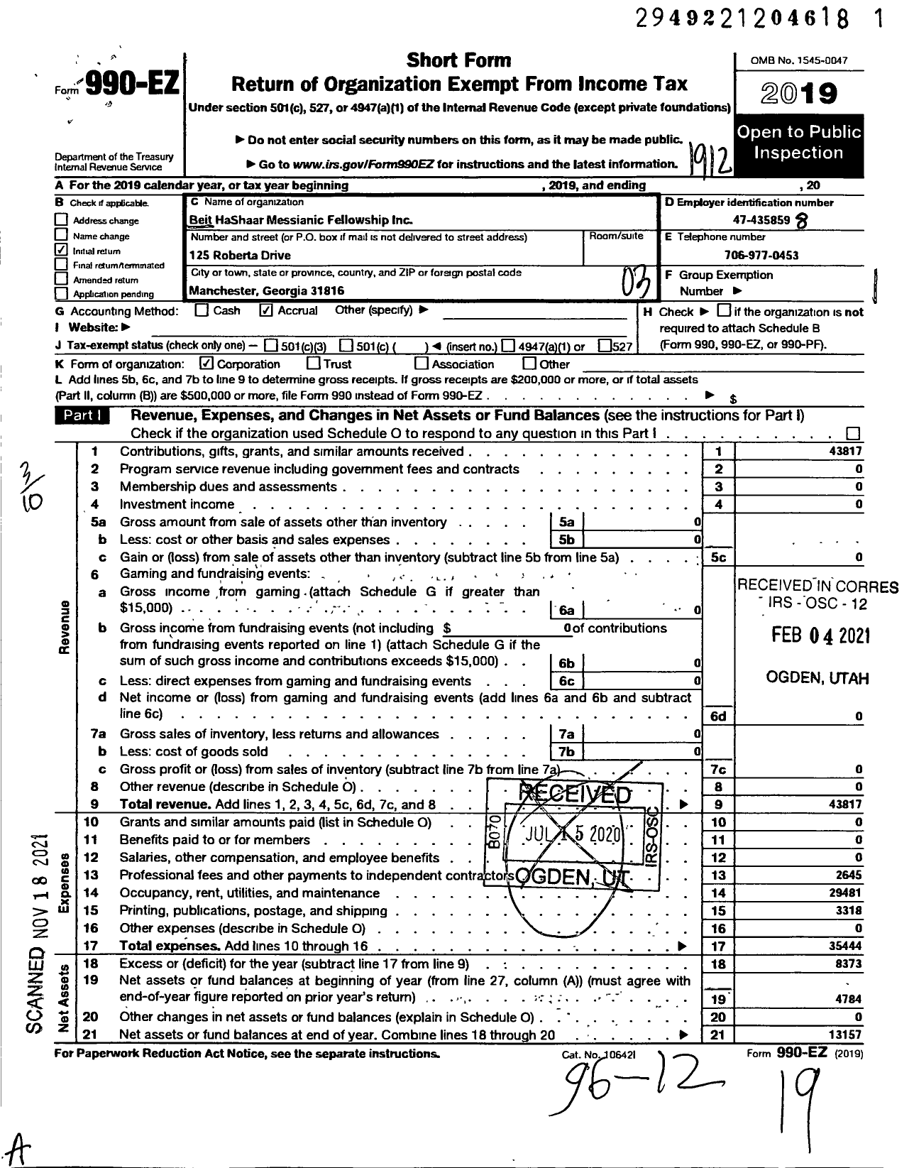 Image of first page of 2019 Form 990EZ for Beit Hashaar Messianic Fellowship