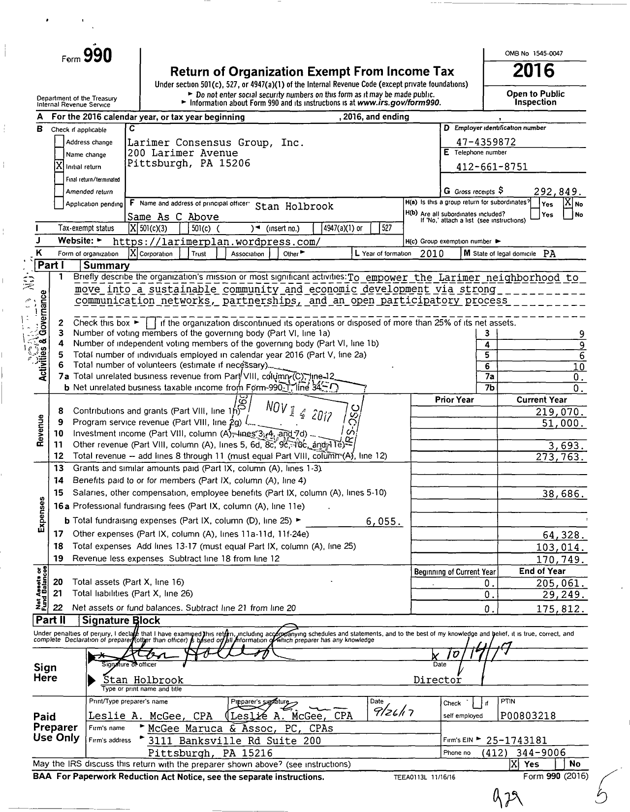 Image of first page of 2016 Form 990 for Larimer Consensus Group