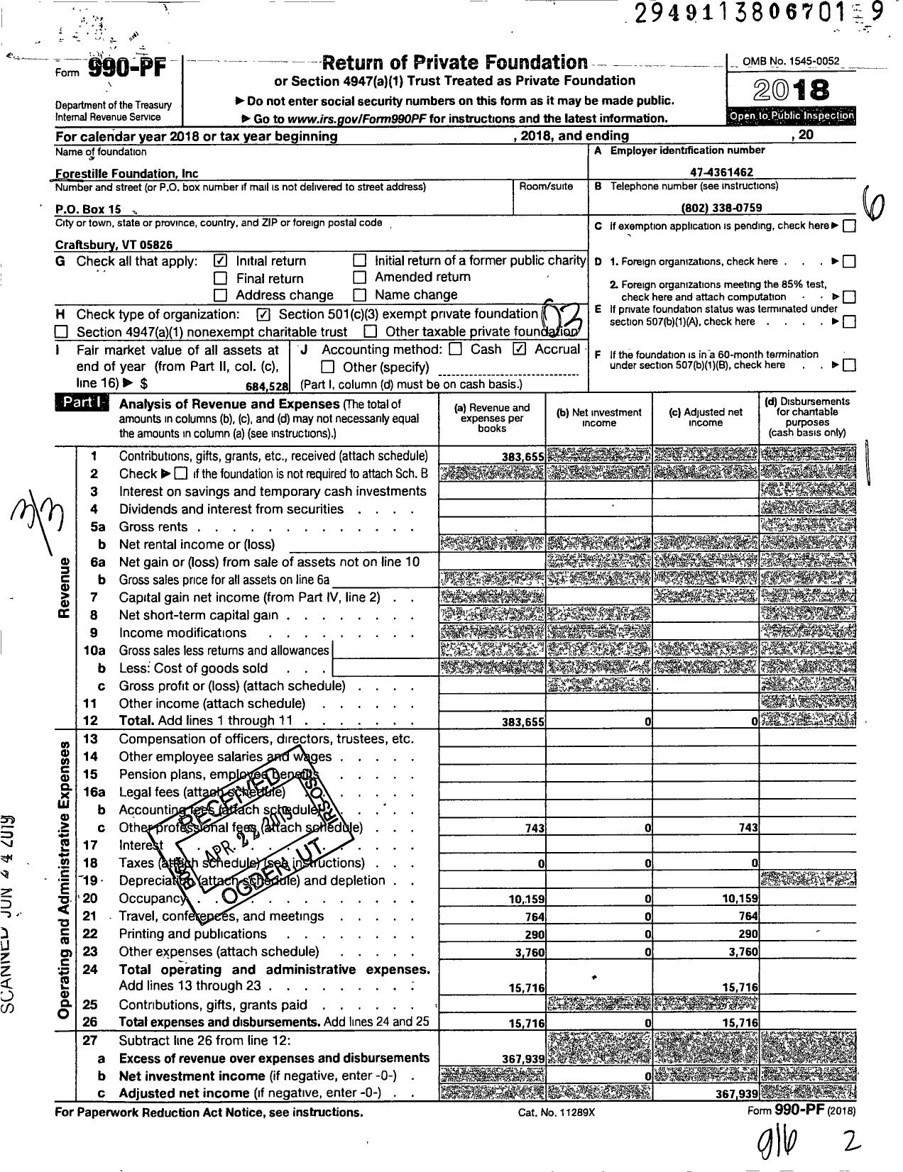 Image of first page of 2018 Form 990PF for Forestille Foundation