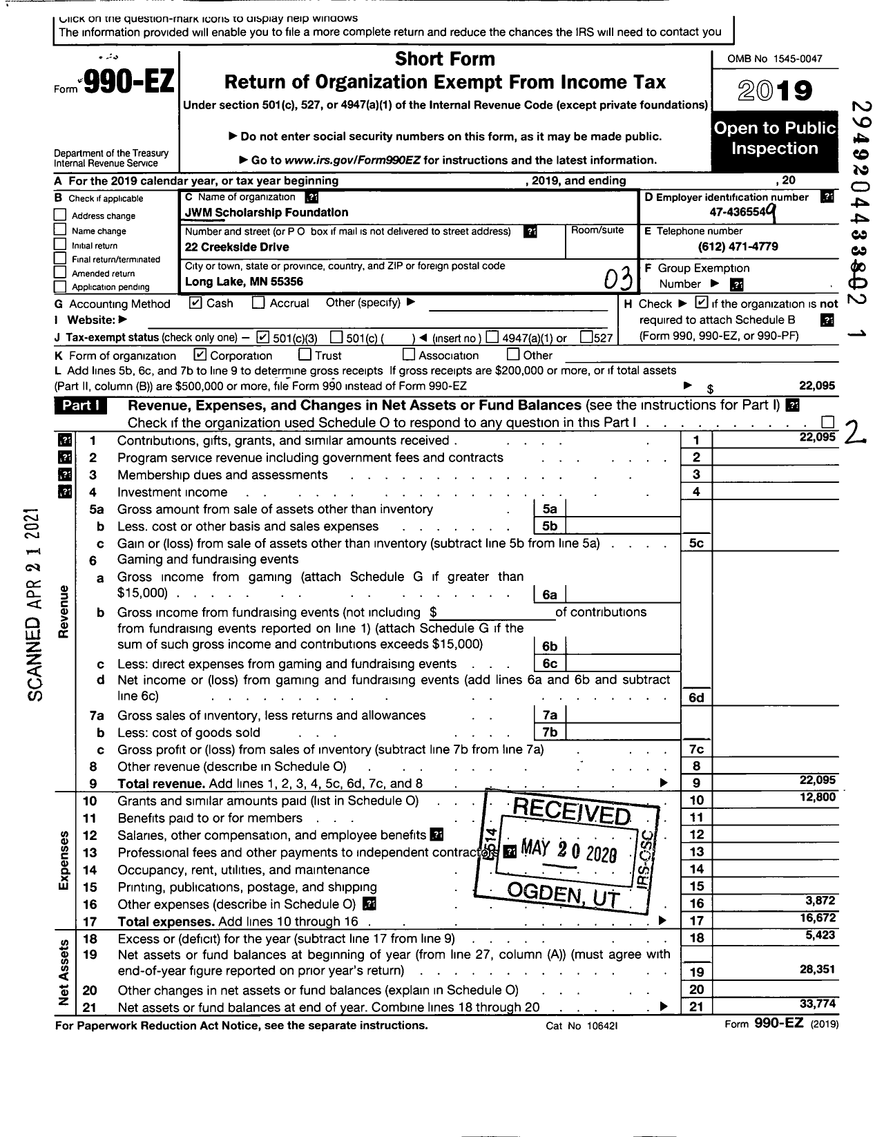 Image of first page of 2019 Form 990EZ for JWM Scholarship Foundation