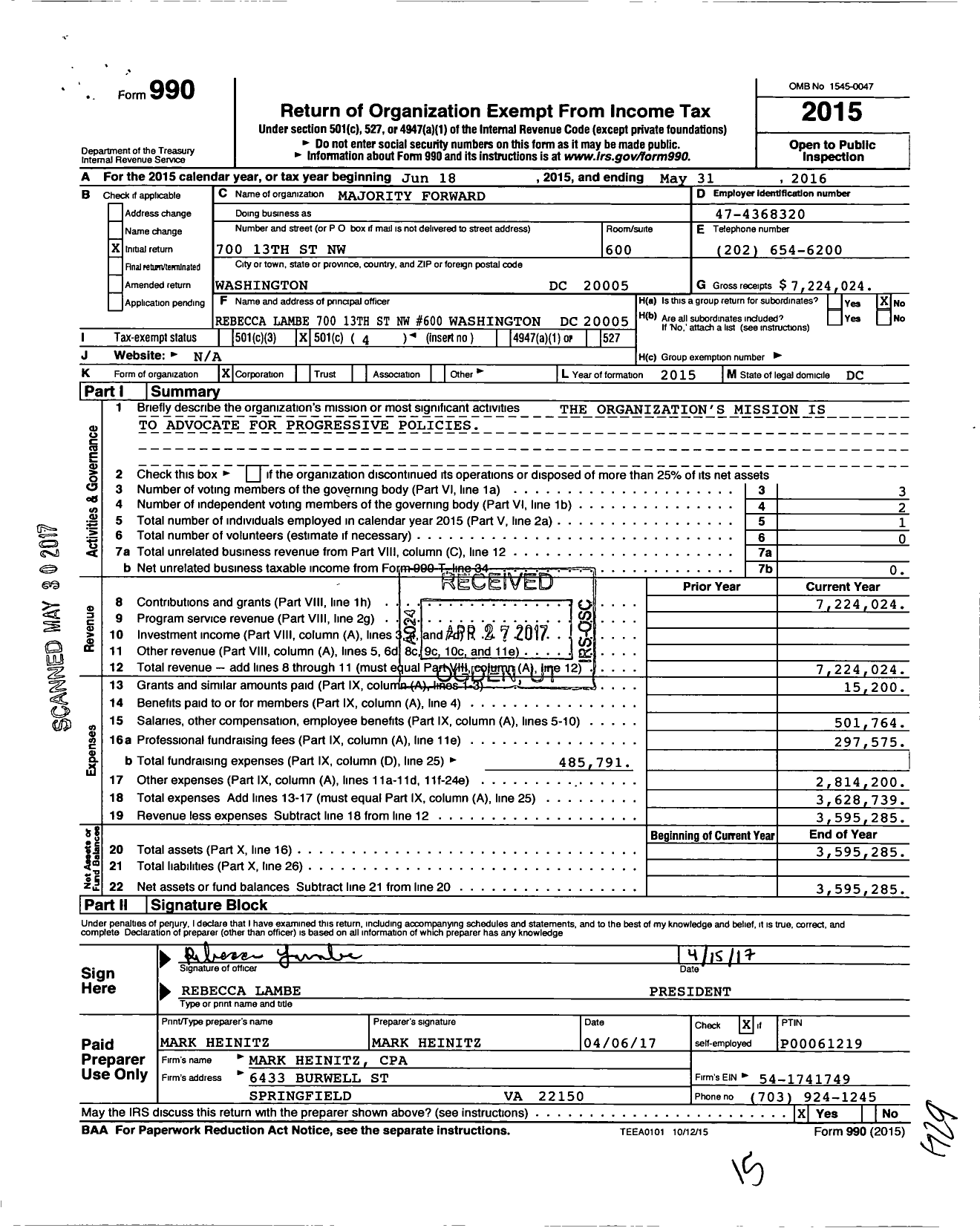 Image of first page of 2015 Form 990O for Majority Forward