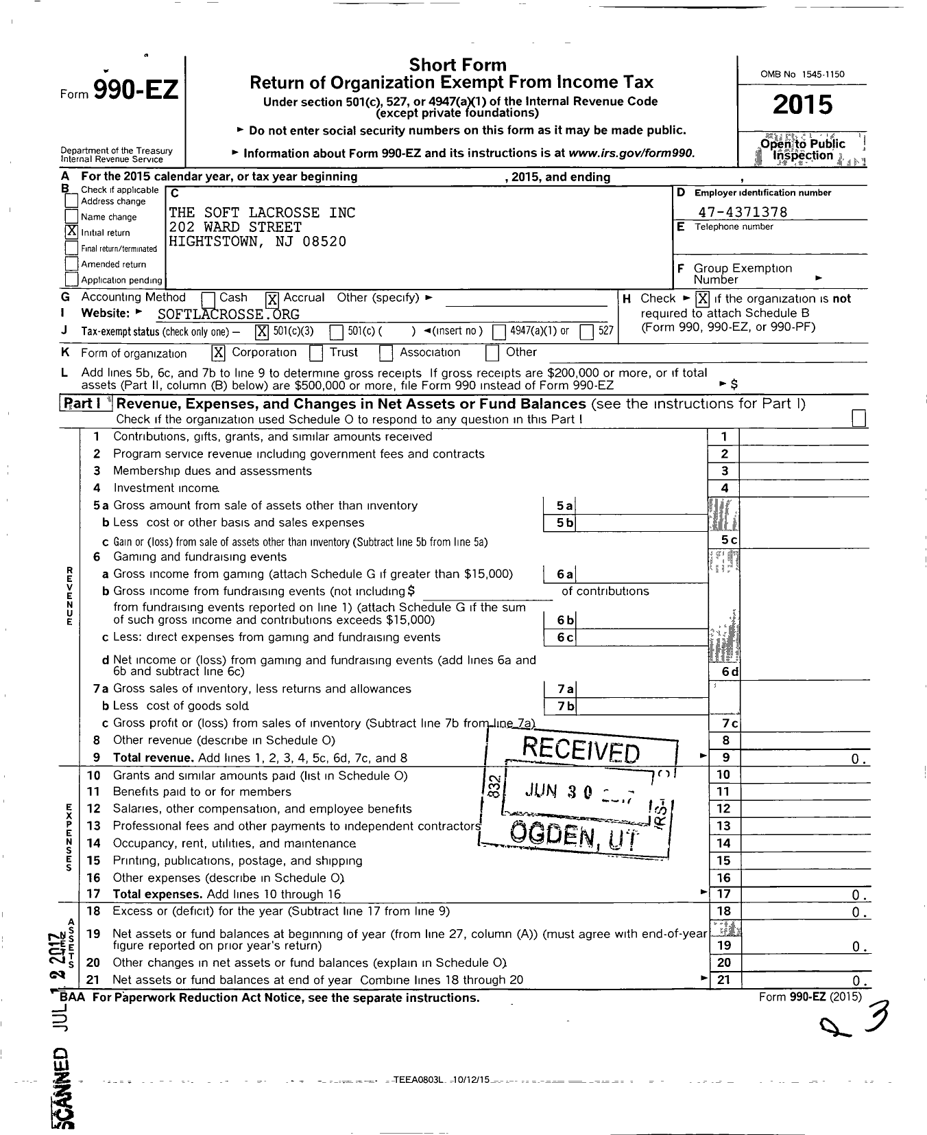 Image of first page of 2015 Form 990EZ for Soft Lacrosse