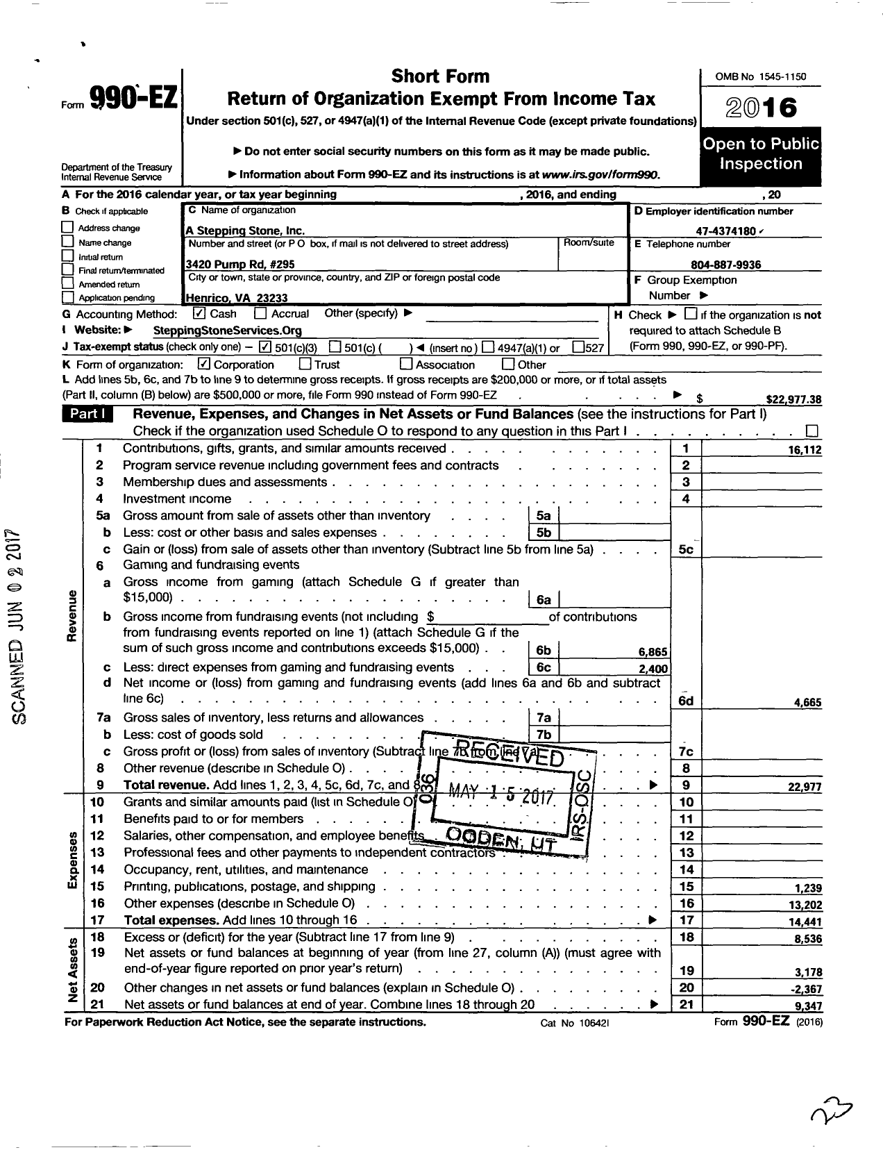 Image of first page of 2016 Form 990EZ for A Stepping Stone