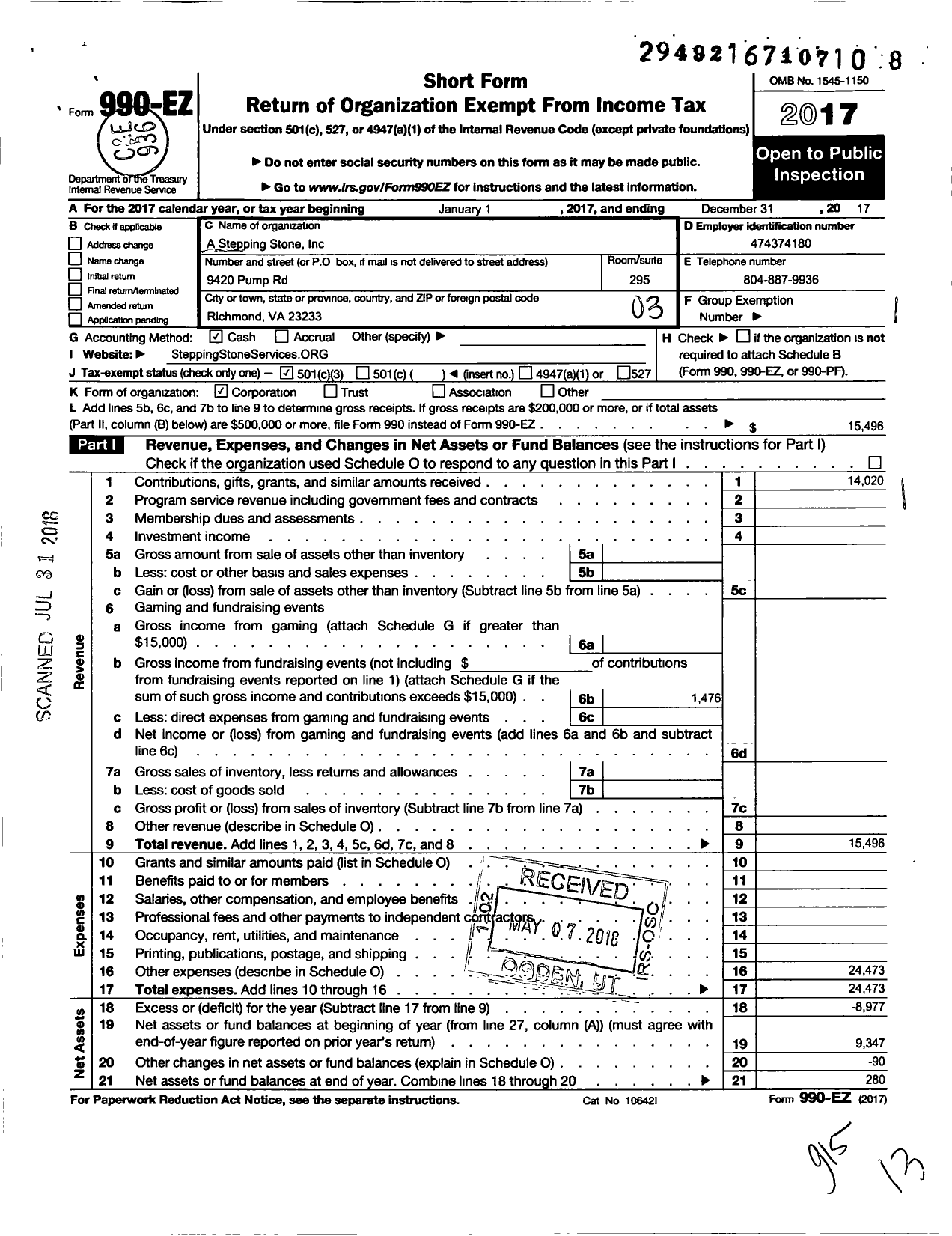 Image of first page of 2017 Form 990EZ for A Stepping Stone