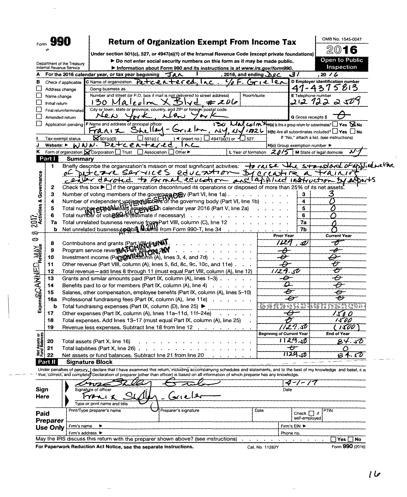 Image of first page of 2016 Form 990 for Petcentered