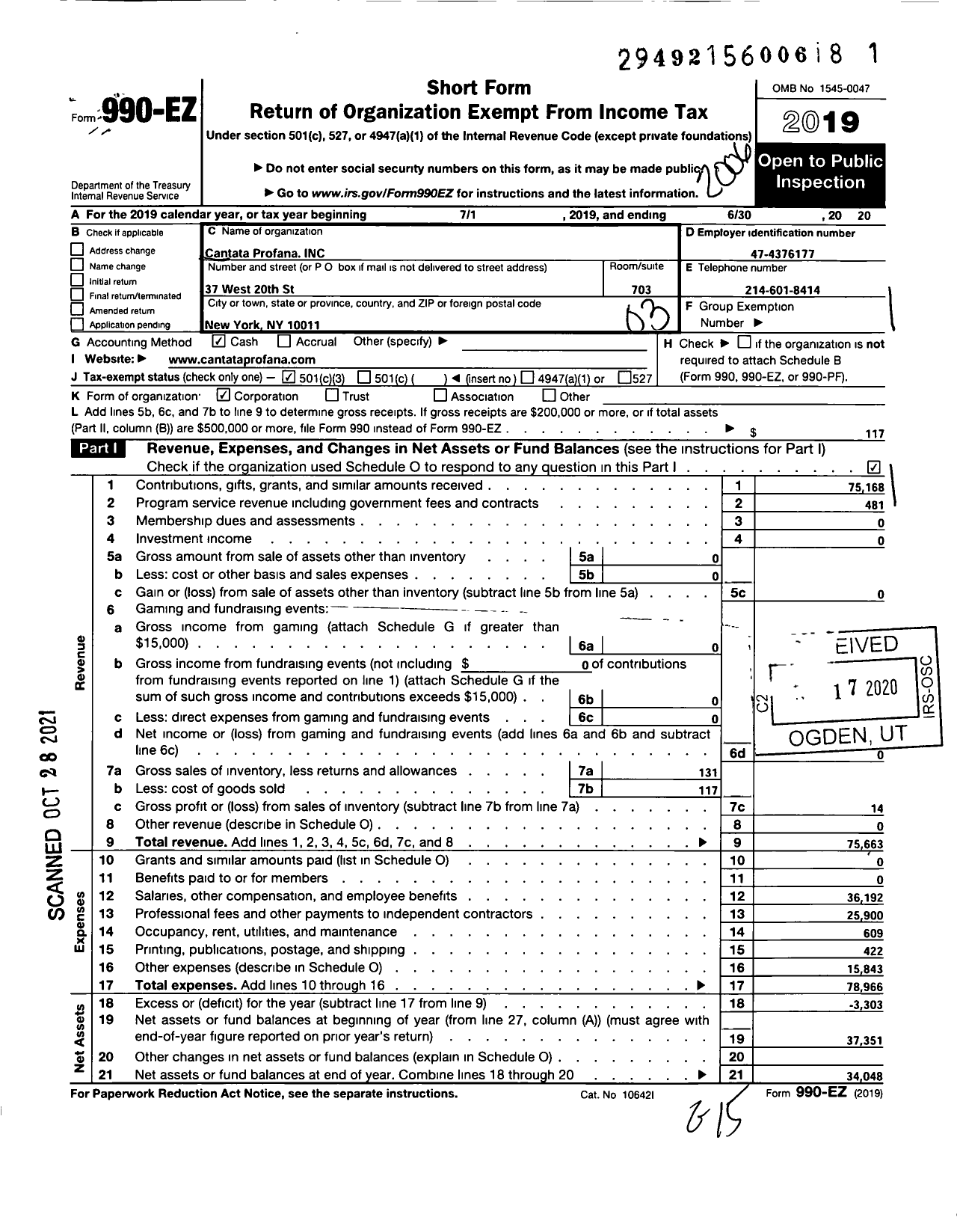 Image of first page of 2019 Form 990EZ for Cantata Profana