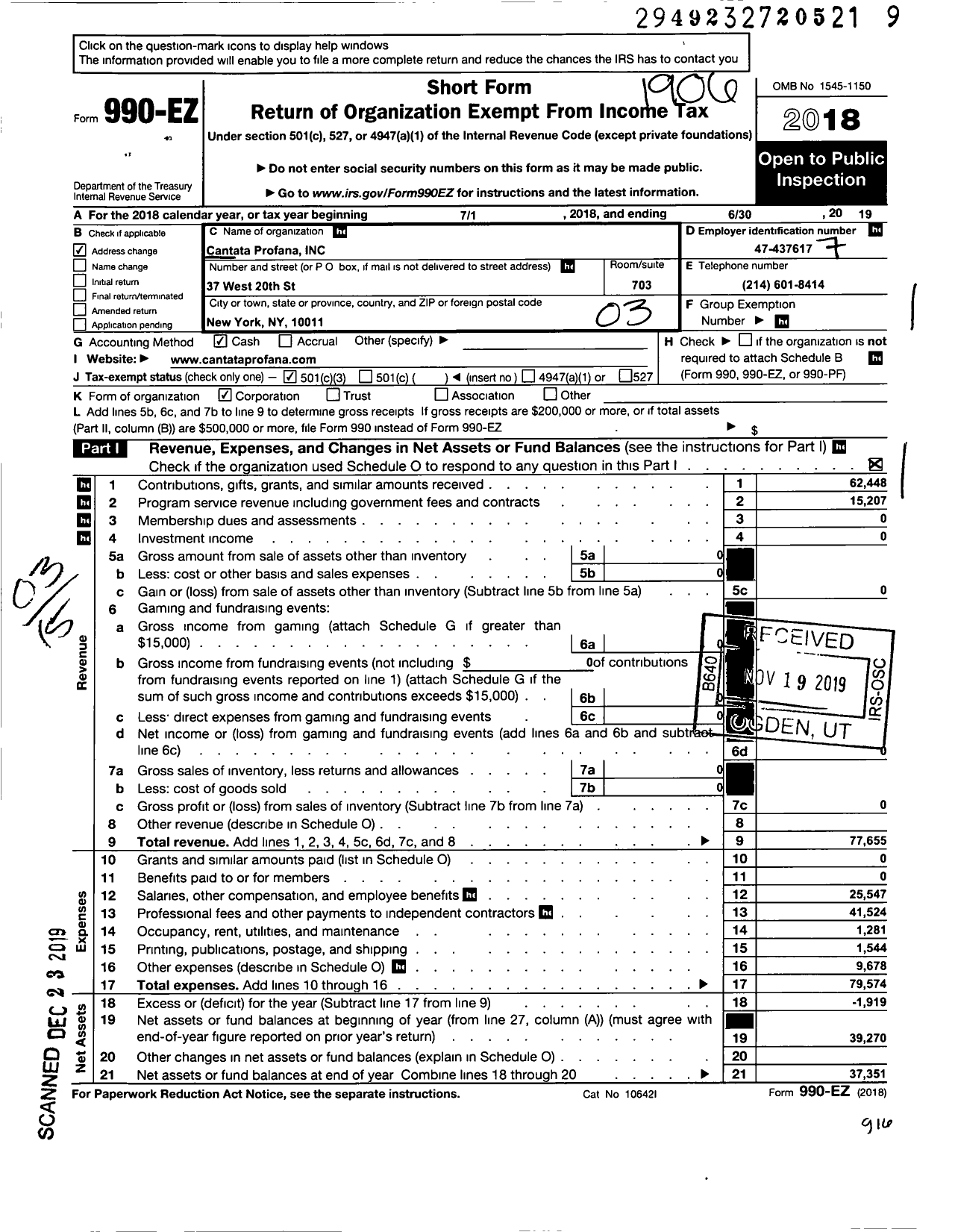 Image of first page of 2018 Form 990EZ for Cantata Profana