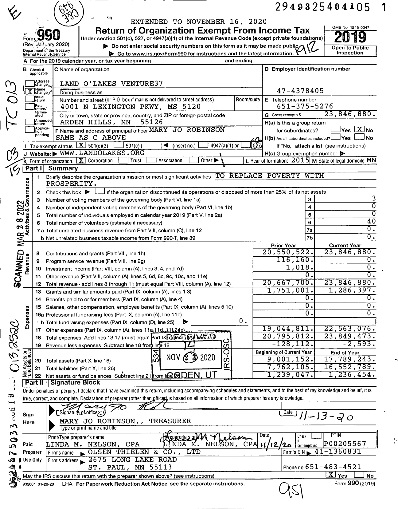 Image of first page of 2019 Form 990 for Land O'Lakes Venture37