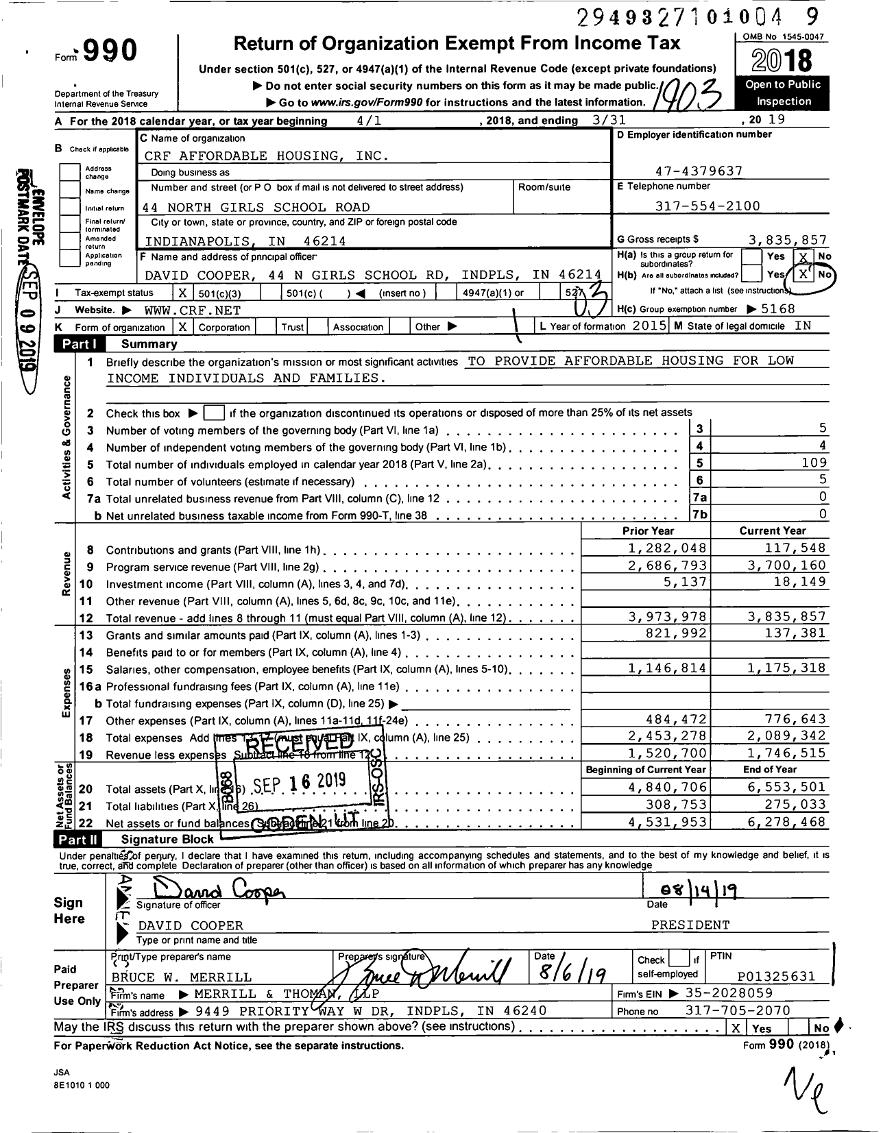 Image of first page of 2018 Form 990 for CRF Affordable Housing