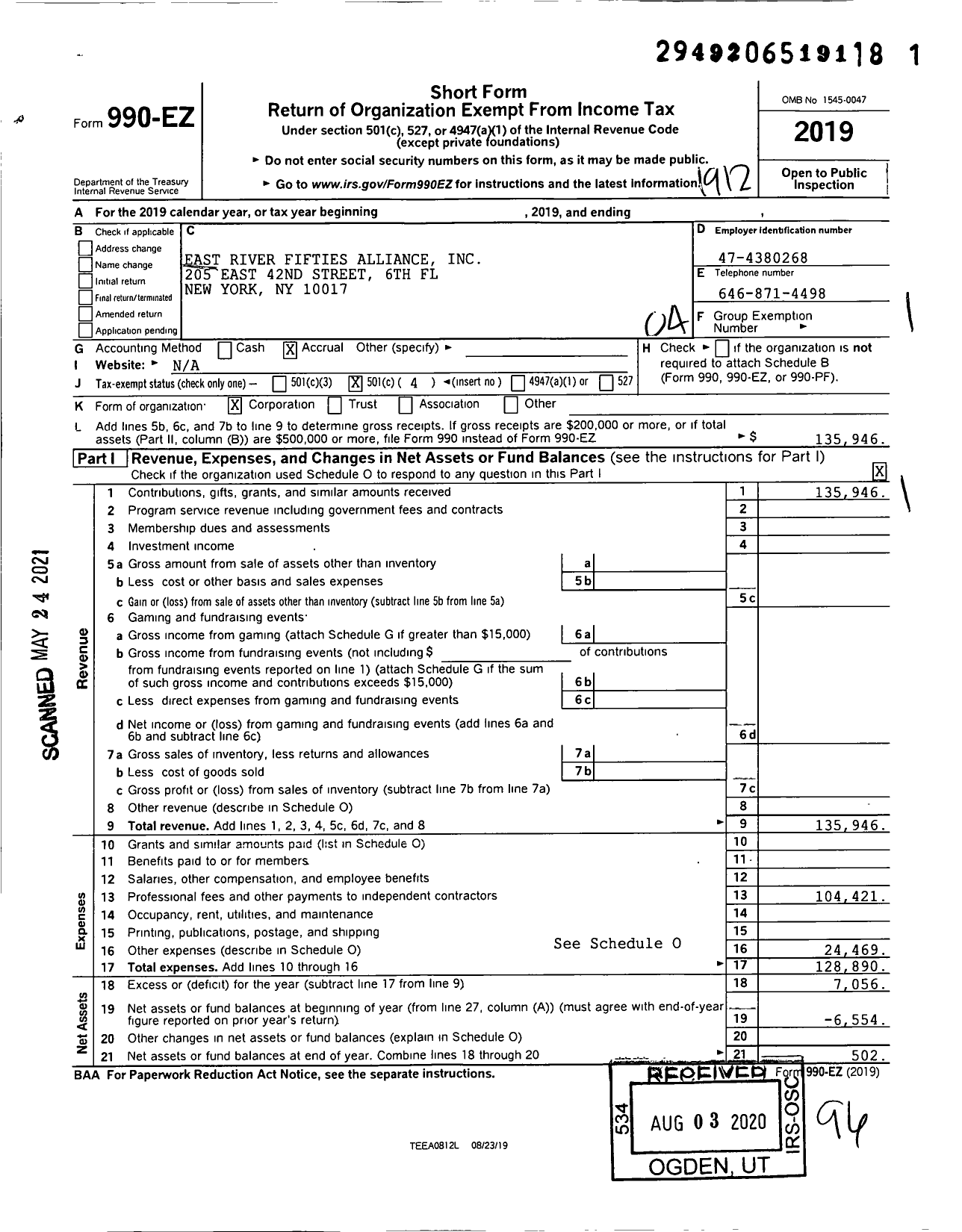 Image of first page of 2019 Form 990EO for East River Fifties Alliance