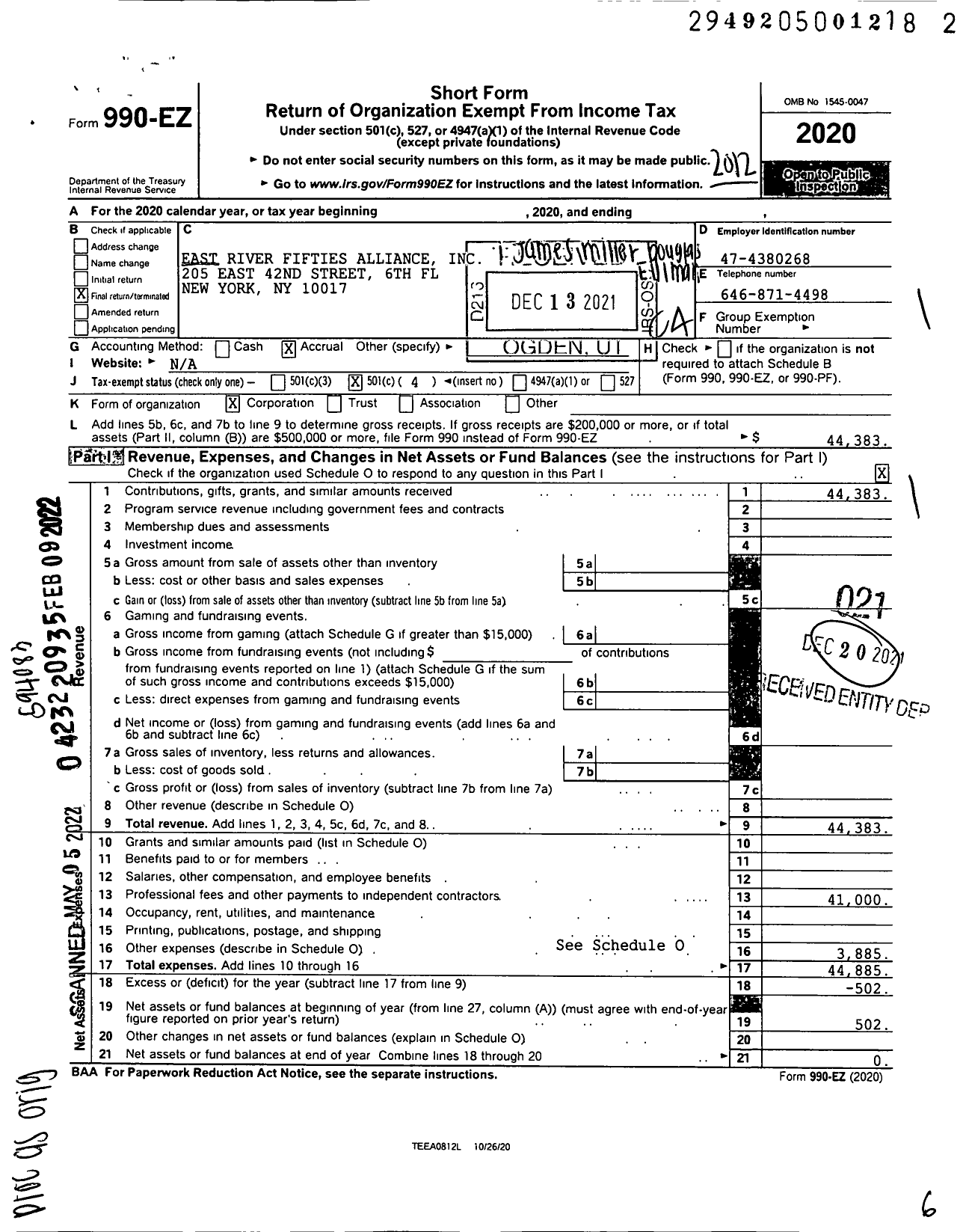 Image of first page of 2020 Form 990EO for East River Fifties Alliance