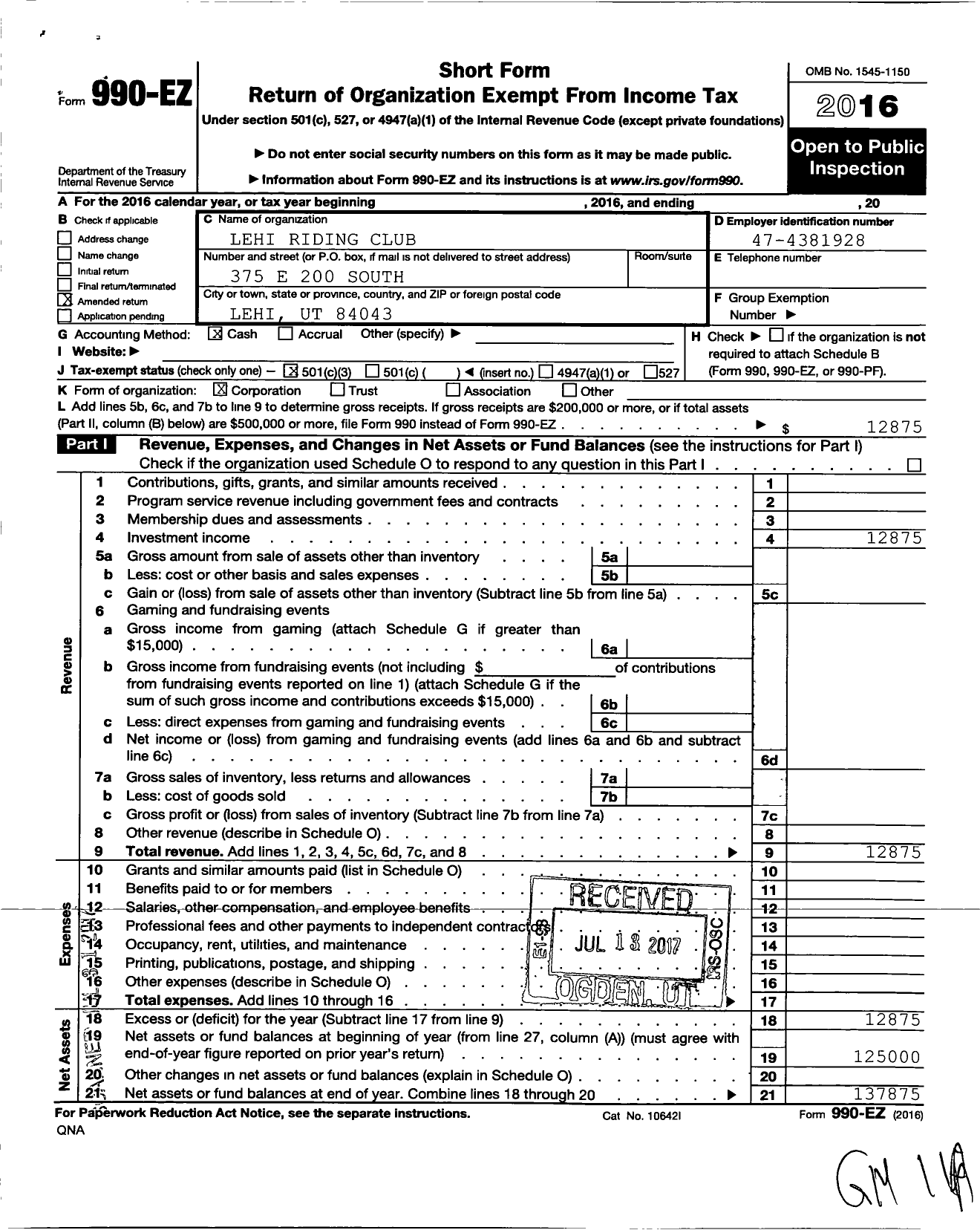 Image of first page of 2016 Form 990EZ for Lehi Riding Club