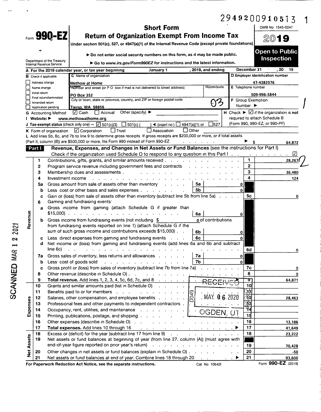 Image of first page of 2019 Form 990EZ for Methow at Home