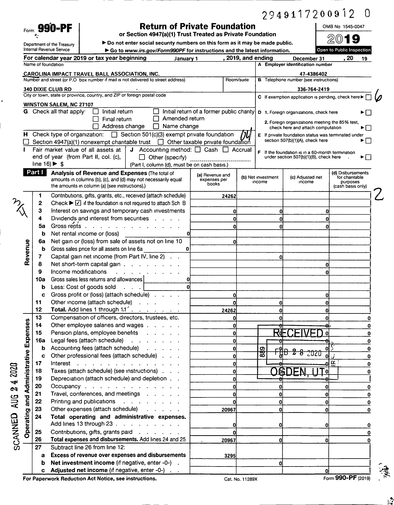 Image of first page of 2019 Form 990PR for Carolina Impact Travel Ball Association