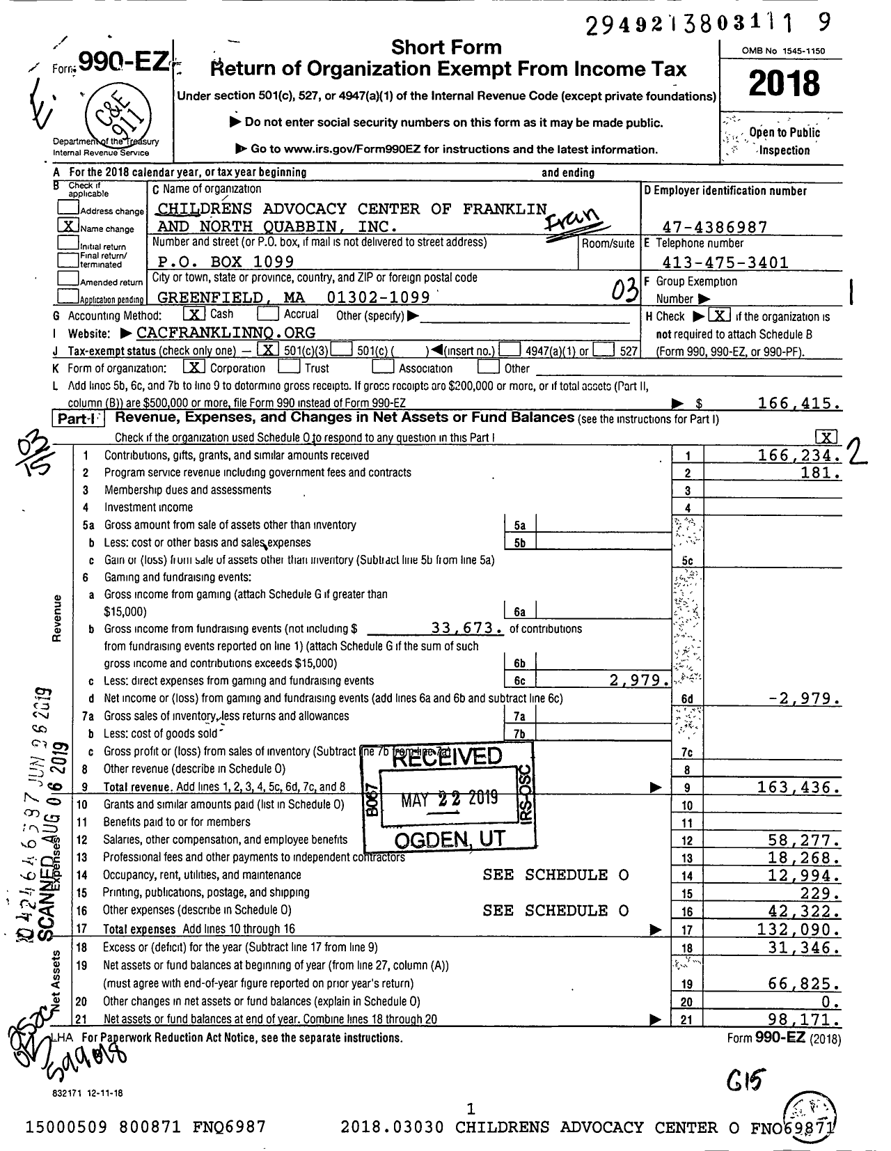 Image of first page of 2018 Form 990EZ for Childrens Advocacy Center of Franklin and North Quabbin