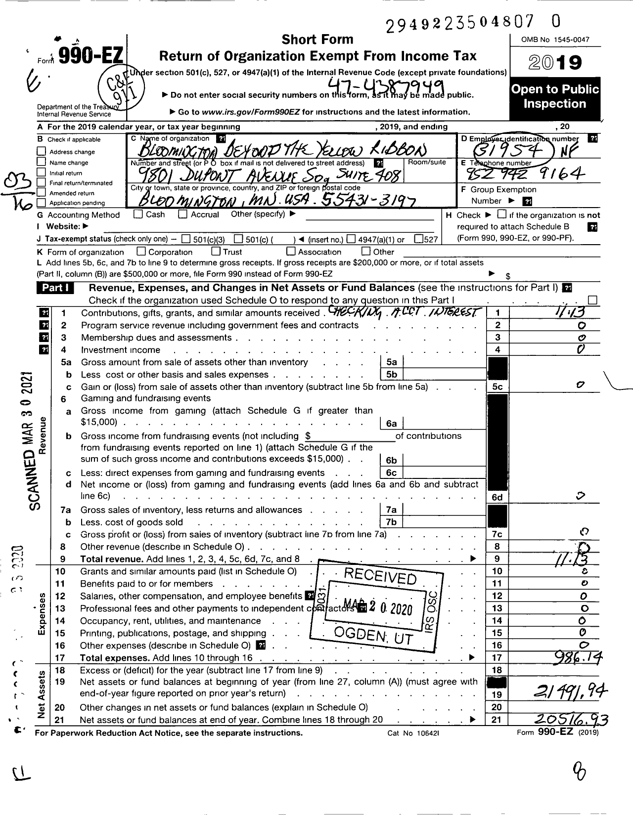 Image of first page of 2019 Form 990EZ for Bloomington Beyond the Yellow Ribbon