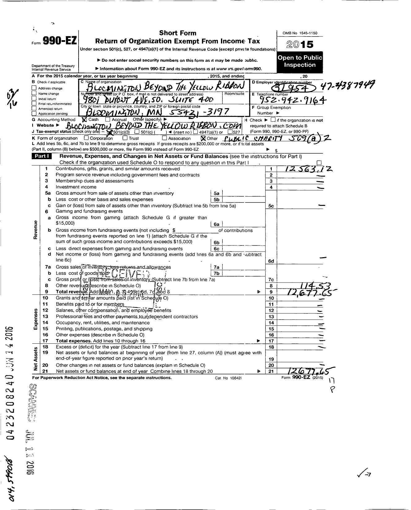 Image of first page of 2015 Form 990EZ for Bloomington Beyond the Yellow Ribbon