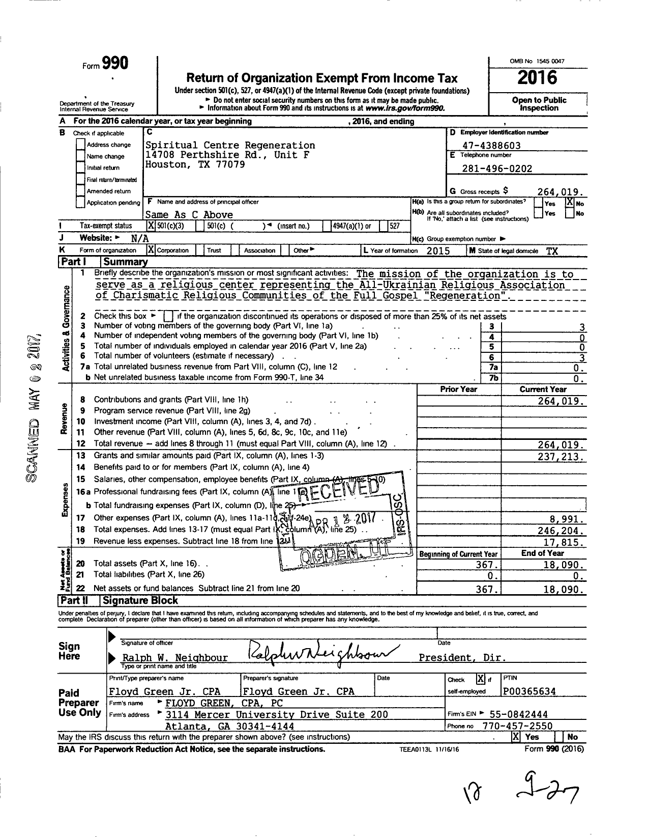 Image of first page of 2016 Form 990 for Spiritual Centre Regeneration