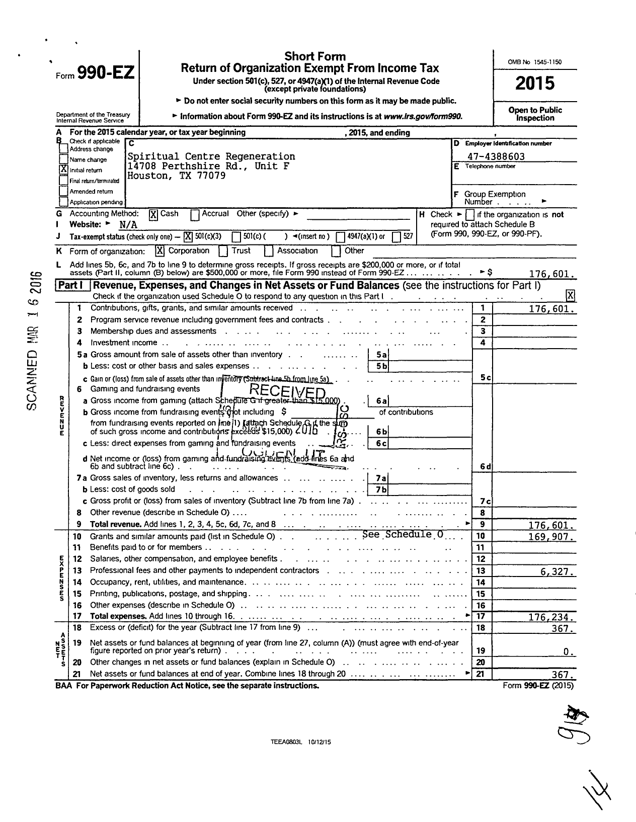 Image of first page of 2015 Form 990EZ for Spiritual Centre Regeneration