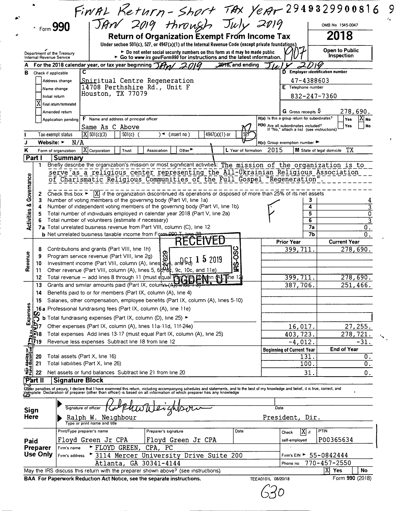 Image of first page of 2018 Form 990 for Spiritual Centre Regeneration