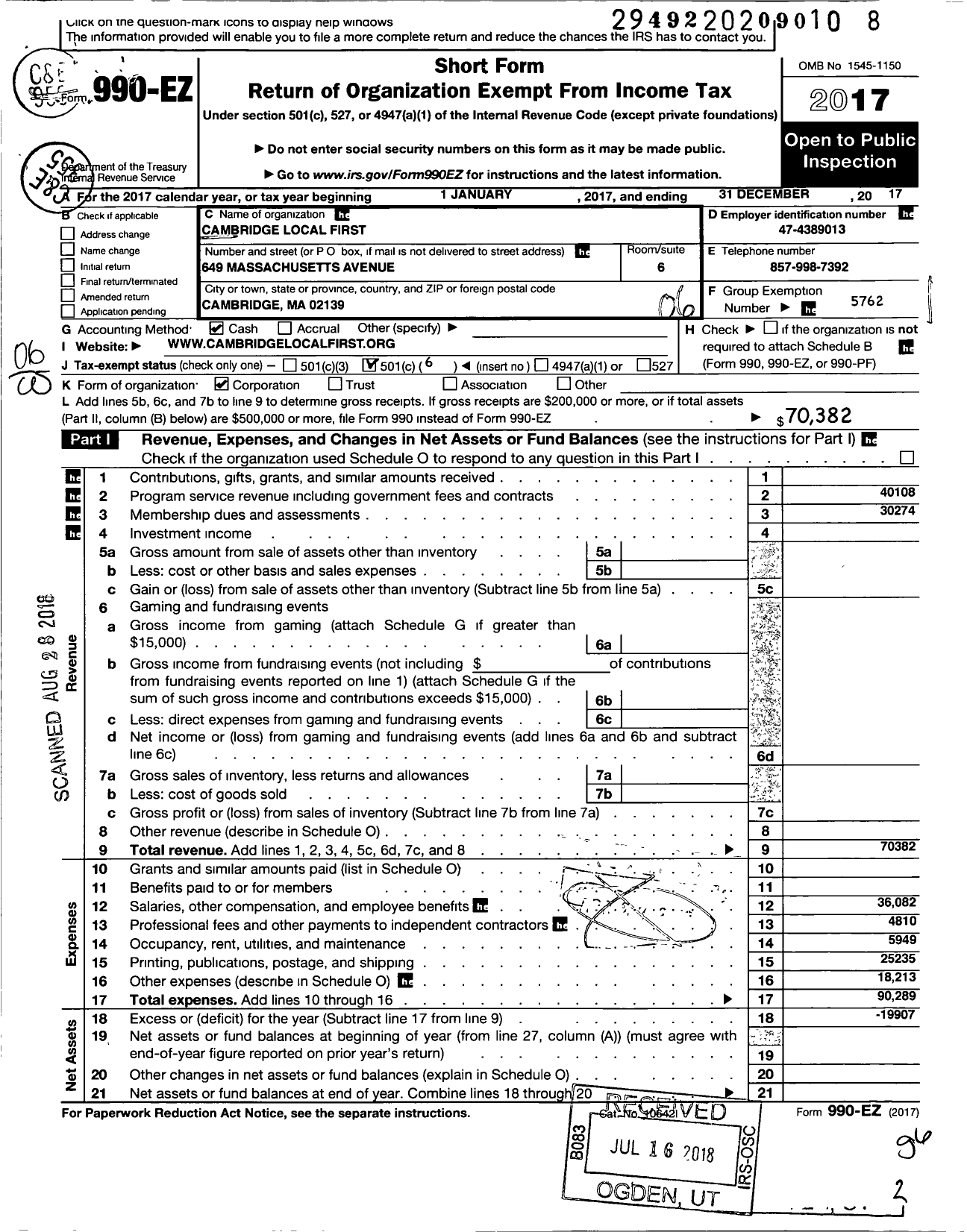 Image of first page of 2017 Form 990EO for Cambridge Local First