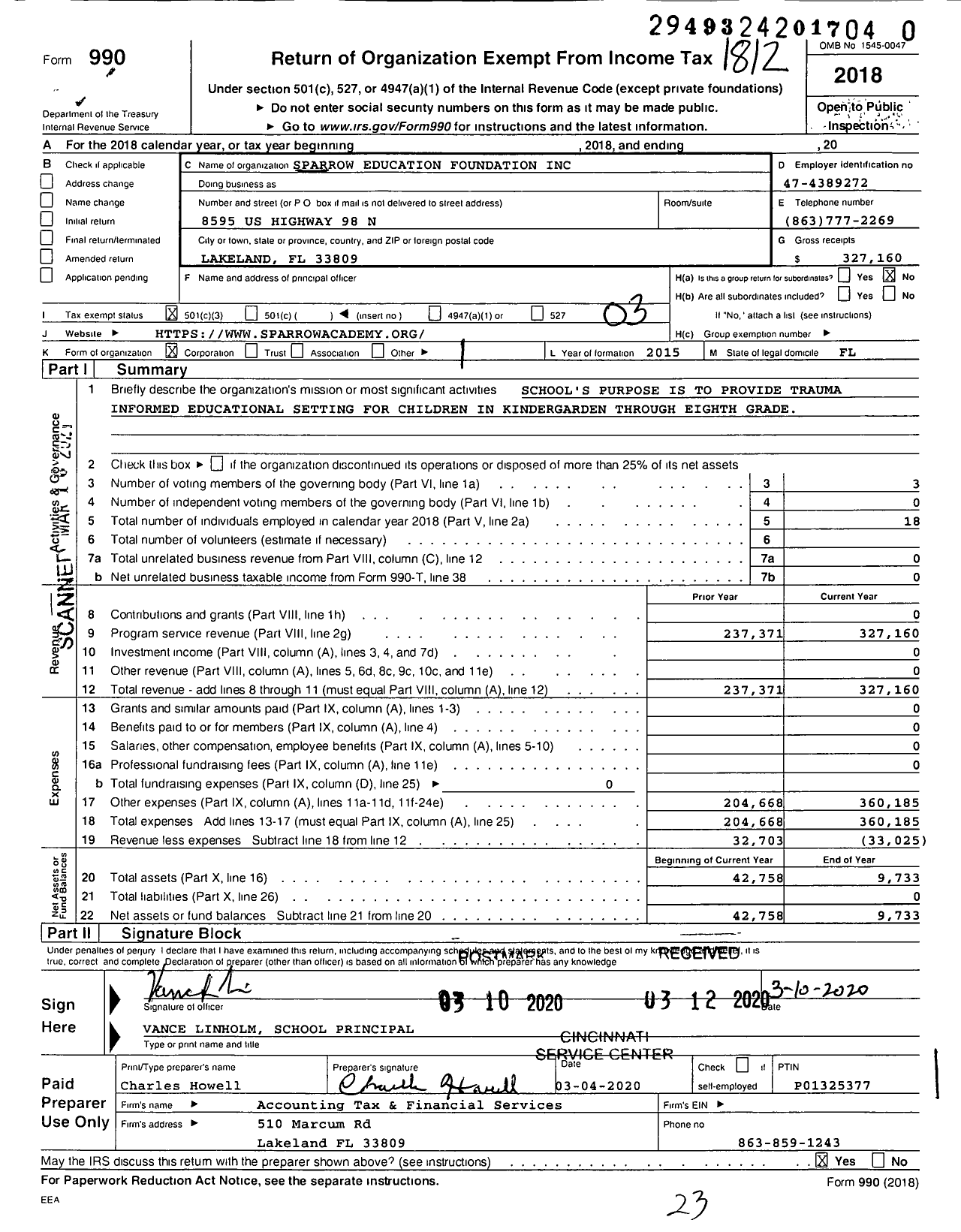 Image of first page of 2018 Form 990 for Sparrow Education Foundation