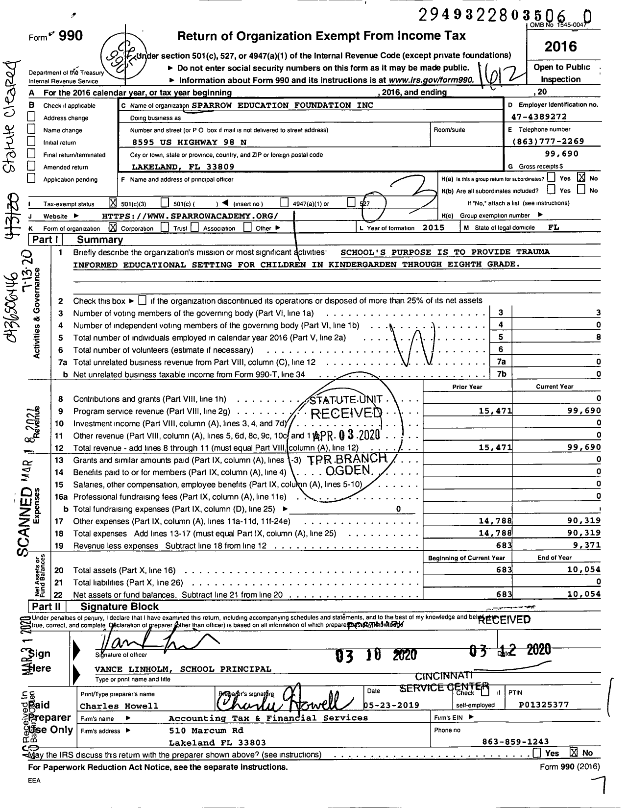 Image of first page of 2016 Form 990 for Sparrow Education Foundation