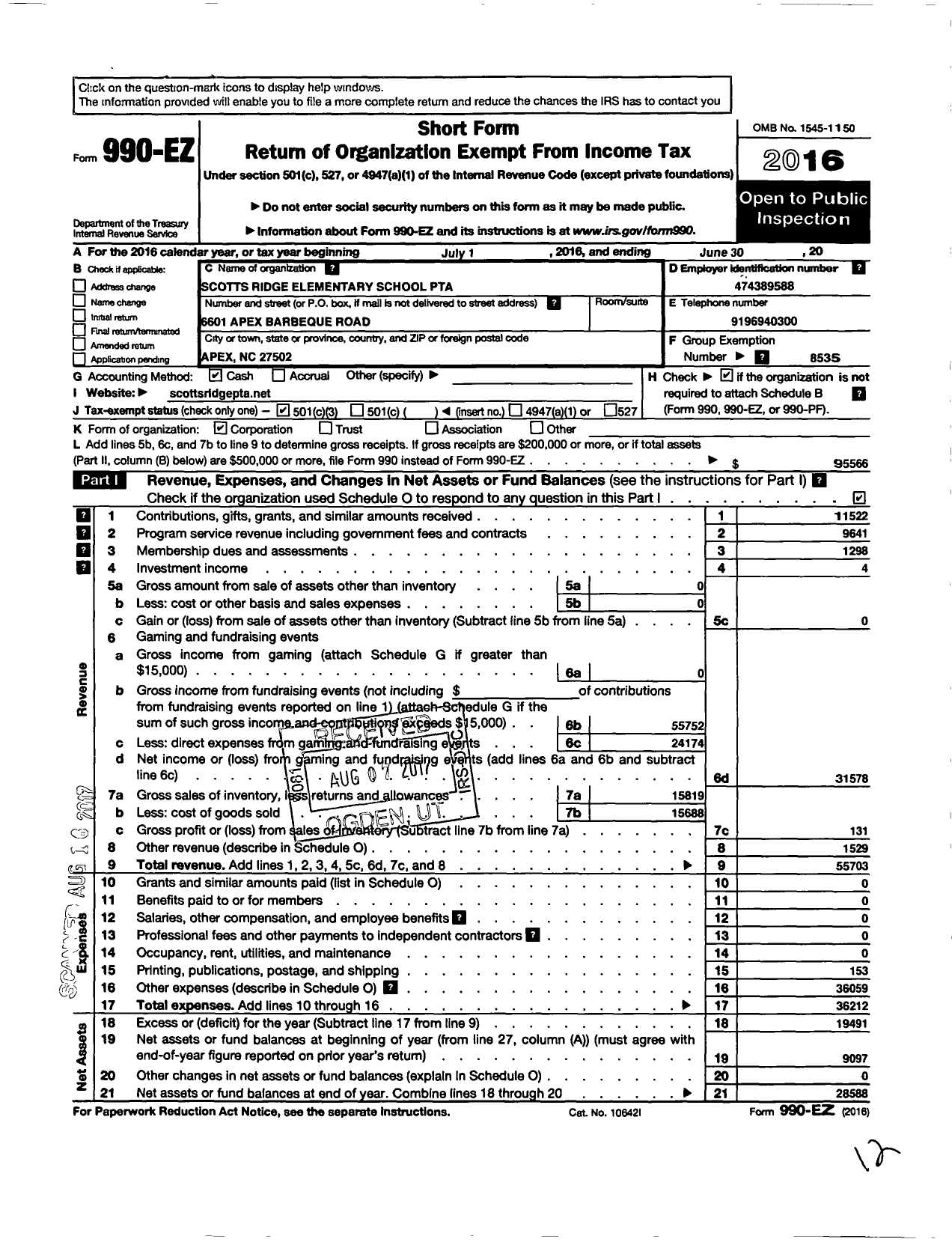 Image of first page of 2015 Form 990EZ for North Carolina PTA - Scotts Ridge Elementary School PTA