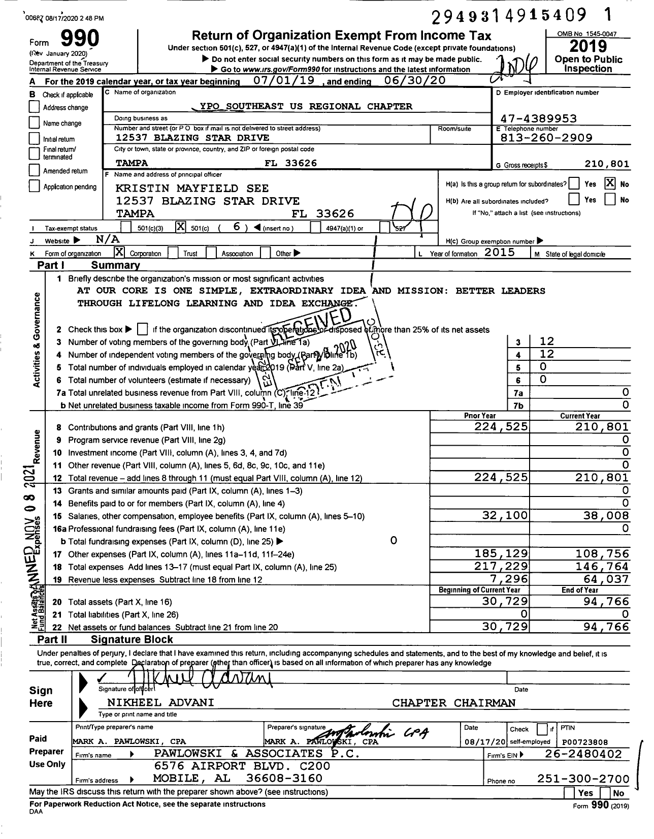 Image of first page of 2019 Form 990O for Young Presidents' Organization - YPO Southeast Us Regional Chapter