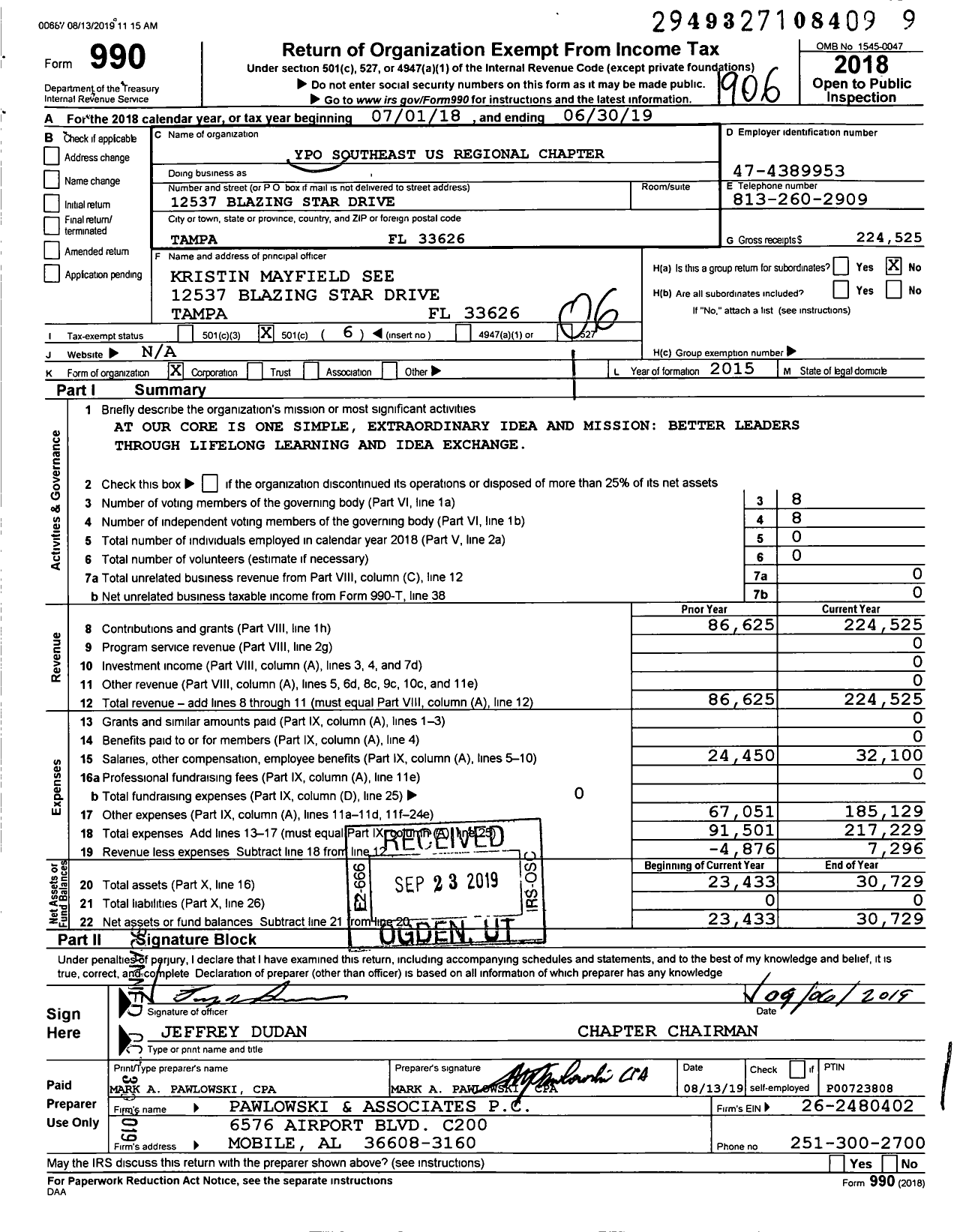 Image of first page of 2018 Form 990O for Young Presidents' Organization - YPO Southeast Us Regional Chapter