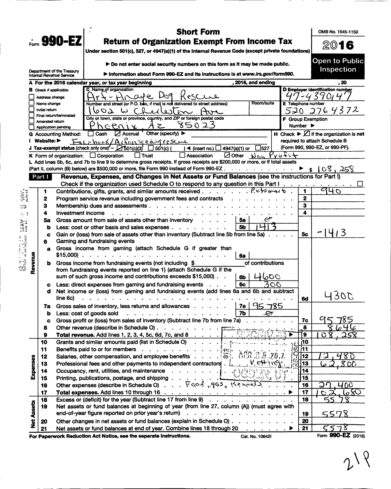 Image of first page of 2016 Form 990EZ for Arf-Anage Dog Rescue