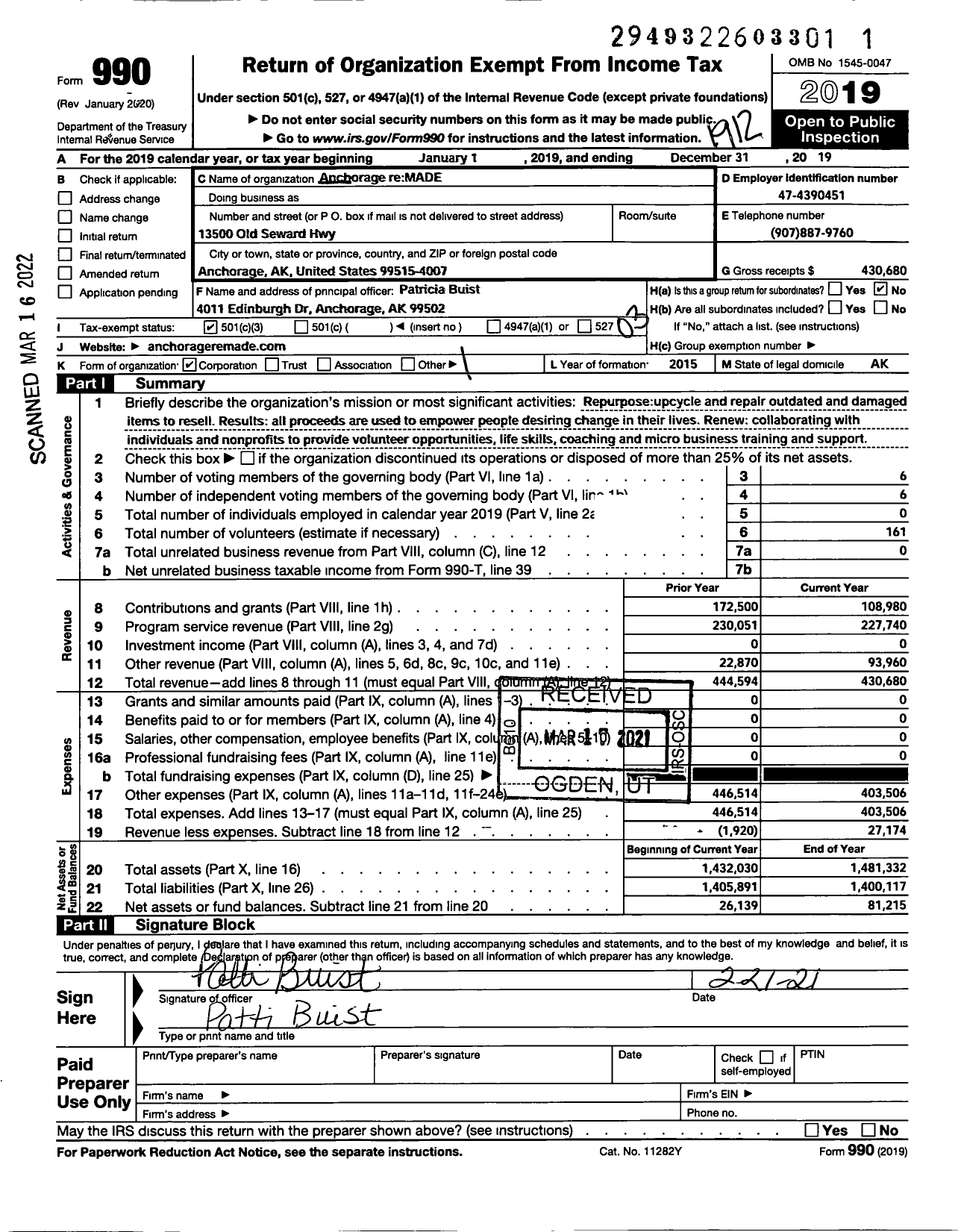 Image of first page of 2019 Form 990 for Anchorage Remade