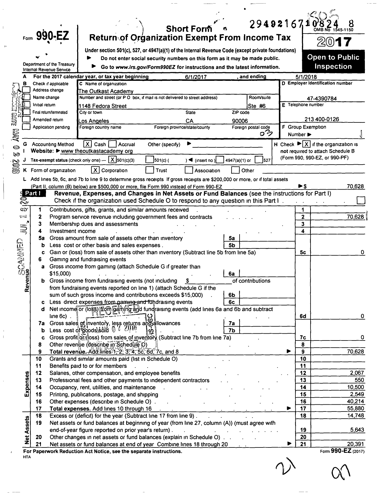 Image of first page of 2017 Form 990EZ for The Outkast Academy