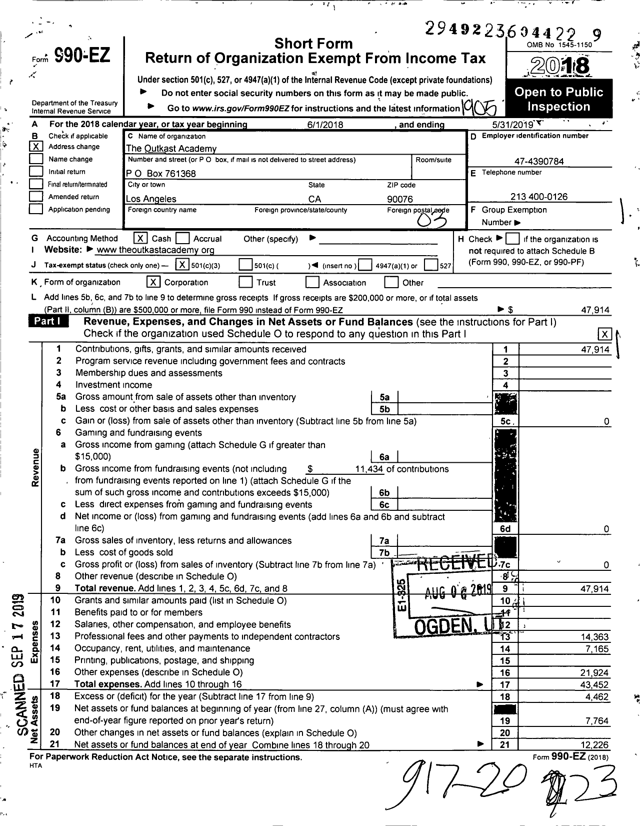 Image of first page of 2018 Form 990EZ for The Outkast Academy