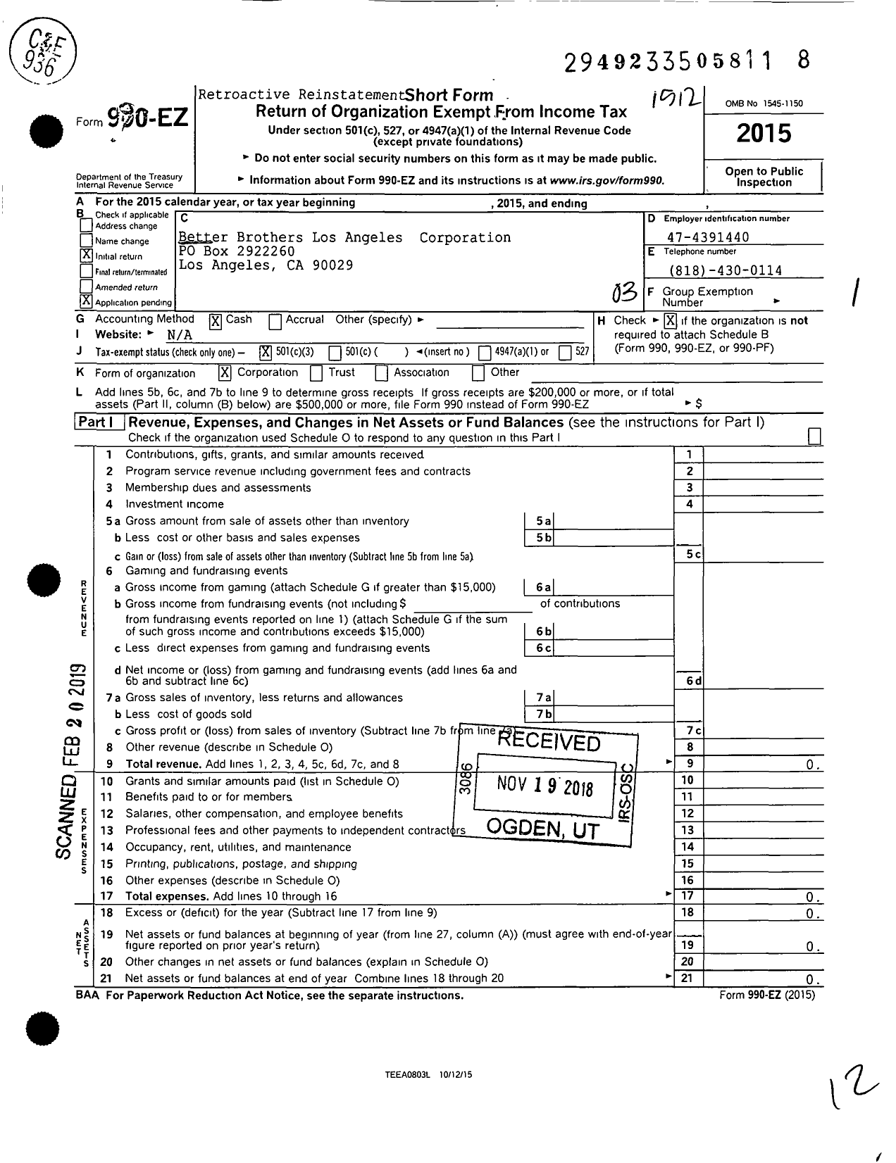 Image of first page of 2015 Form 990EZ for Better Brothers Los Angeles Corporation