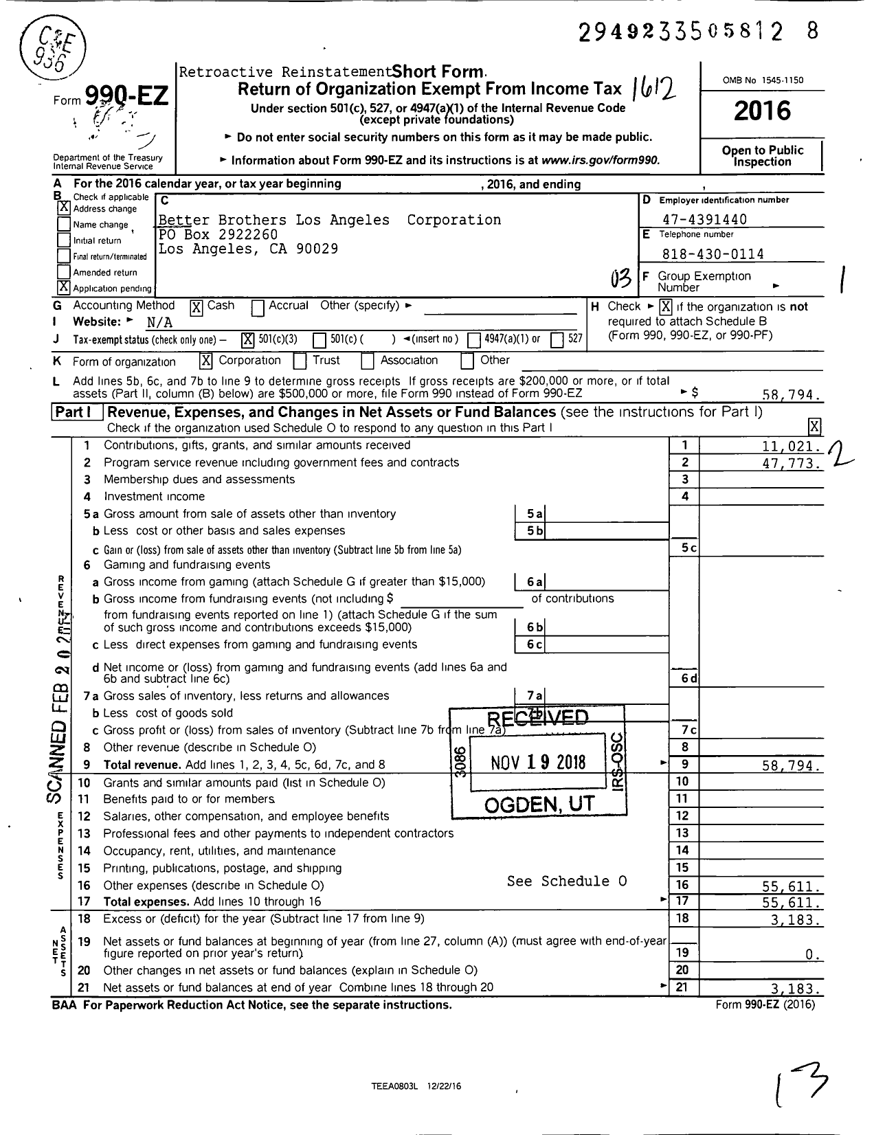 Image of first page of 2016 Form 990EZ for Better Brothers Los Angeles Corporation